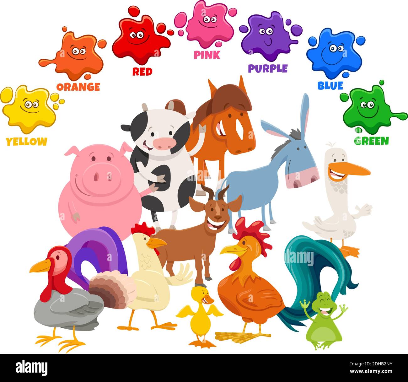Pädagogische Karikatur Illustration der Grundfarben für Kinder mit Bauernhof Tiere lustige Charaktere Gruppe Stock Vektor
