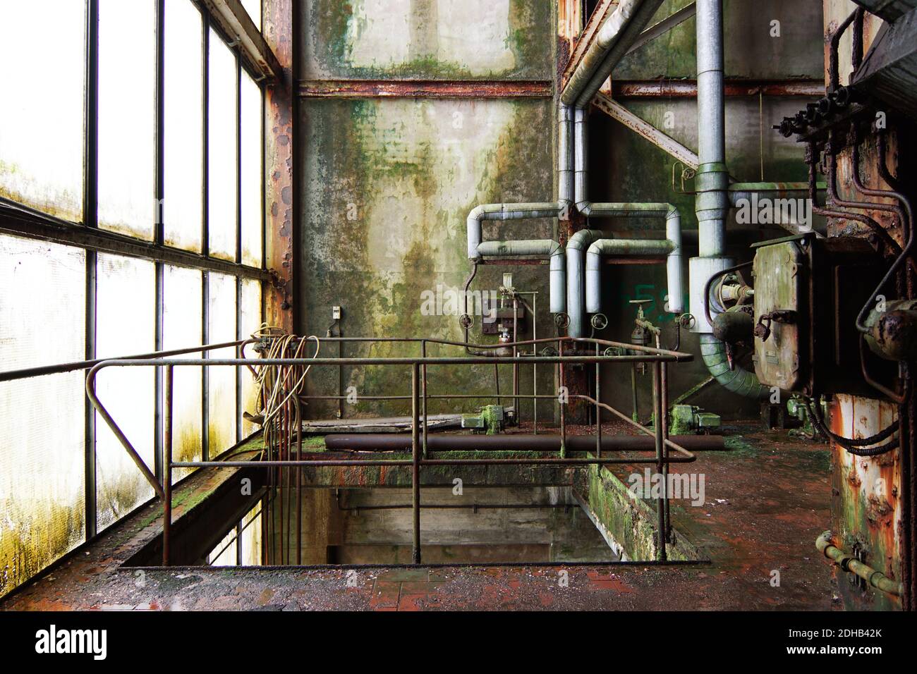 Verlassene Fabrik, verlorene Stelle alte Papiermühle zurück zur Natur Stockfoto