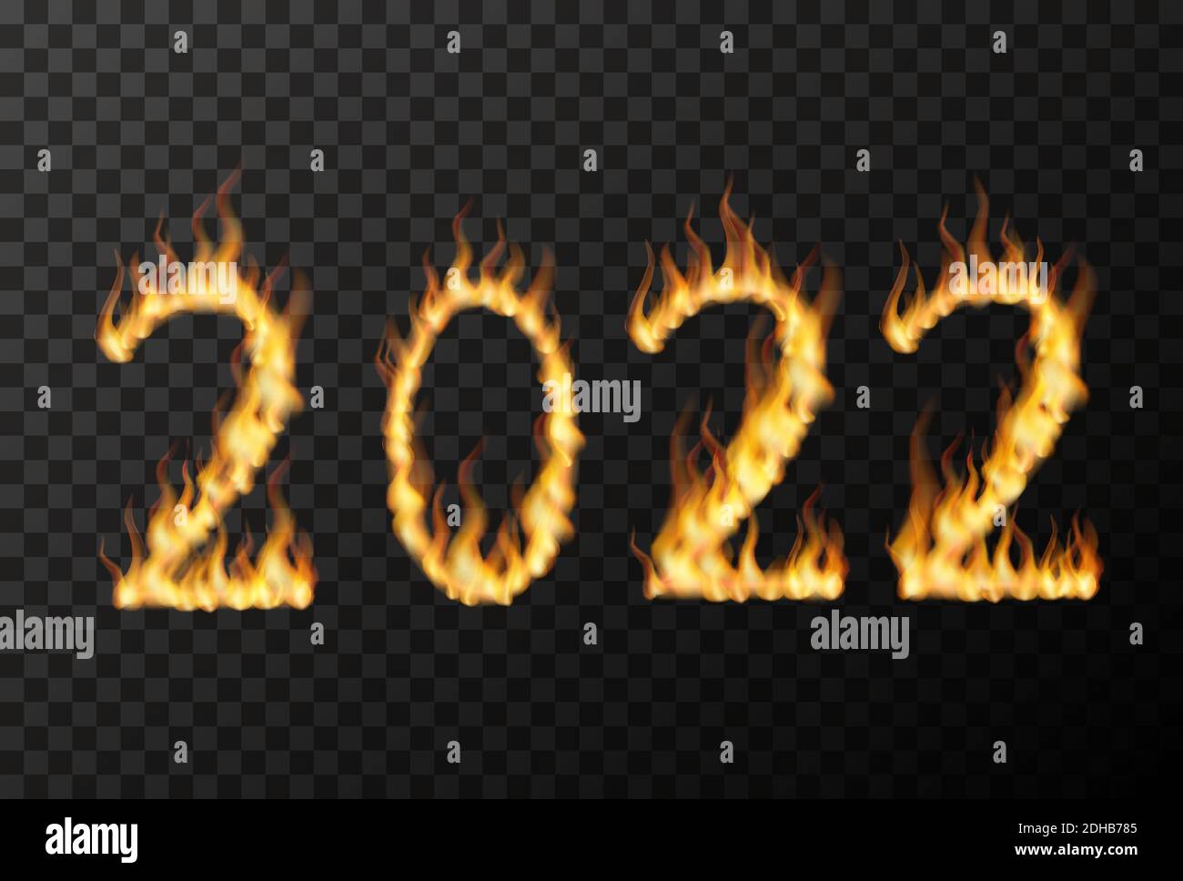 2022 Nummer aus hellen Feuerflammen auf Transparent Stock Vektor