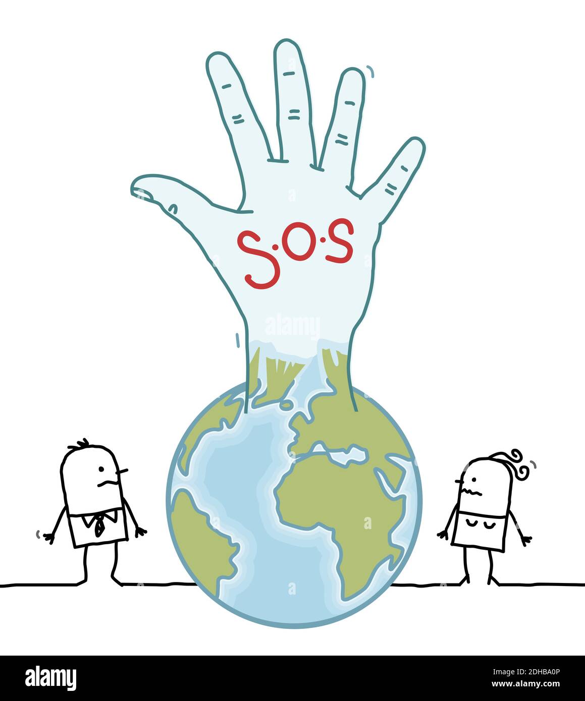 Hand gezeichnet Cartoon Menschen und Planet Erde Aufsteigen ein Hand mit S.O.S-Schild Stock Vektor