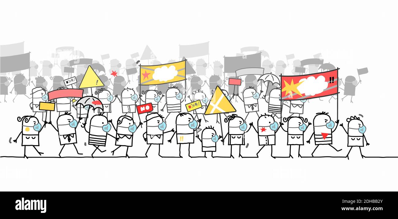 Hand gezeichnet Cartoon Protestierenden und Walking Gruppe von Menschen -  Mit Schutzmasken Stock-Vektorgrafik - Alamy