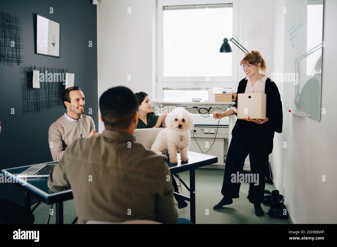 Lächelnde, multiethnische Kollegen aus der Geschäftswelt diskutieren im Vorstandszimmer bei Creative Büro Stockfoto