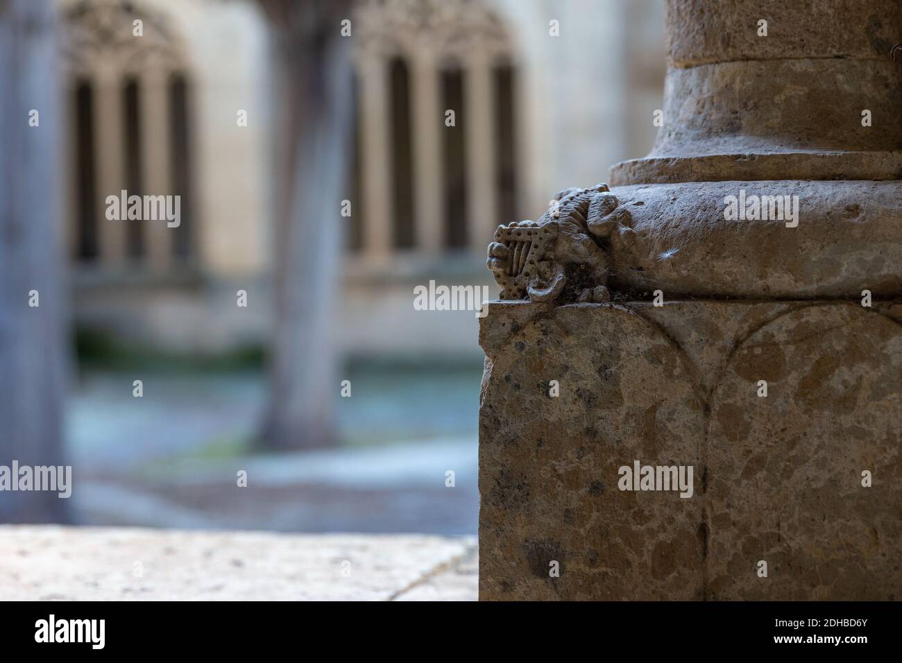 Eine Nahaufnahme einer kleinen Figur auf einer Säule des Kreuzganges in der Kathedrale von Ciudad Rodrigo, Spanien Stockfoto