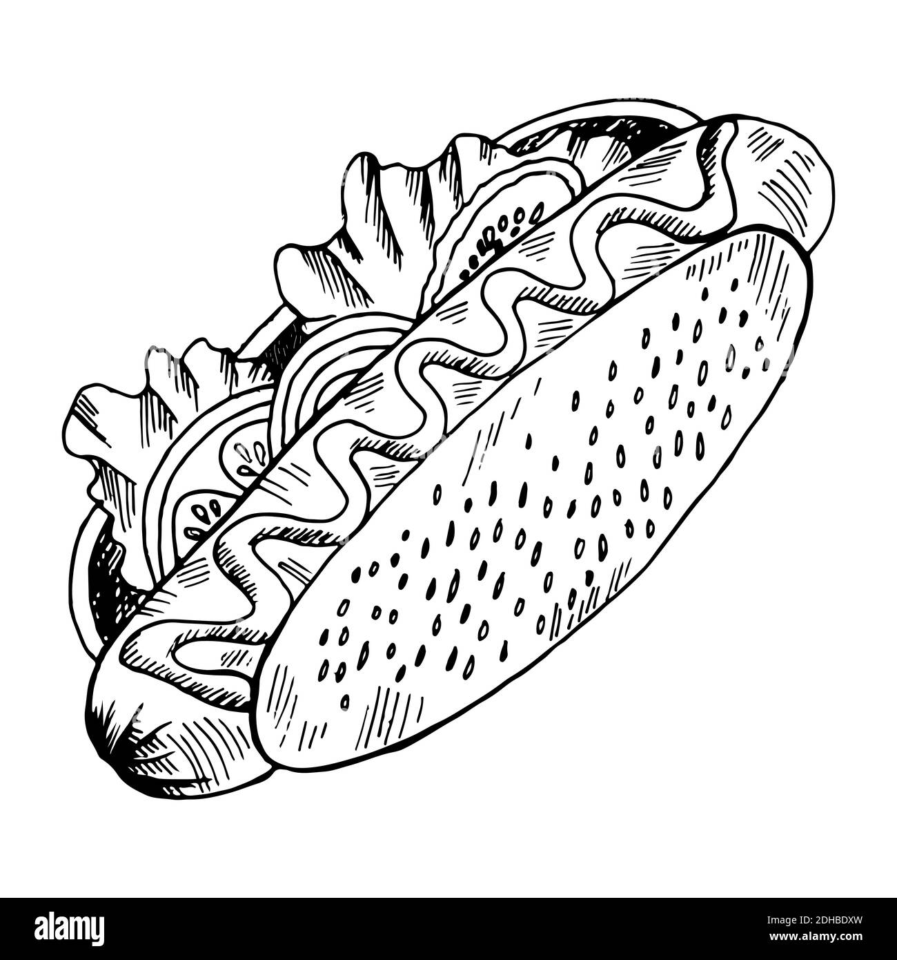 Hot Dog saftig in einem Brötchen mit Sesam, Salat, Tomaten, Zwiebeln und Gurke, lustige Doodle Skizze Stil Malseite. Stock Vektor