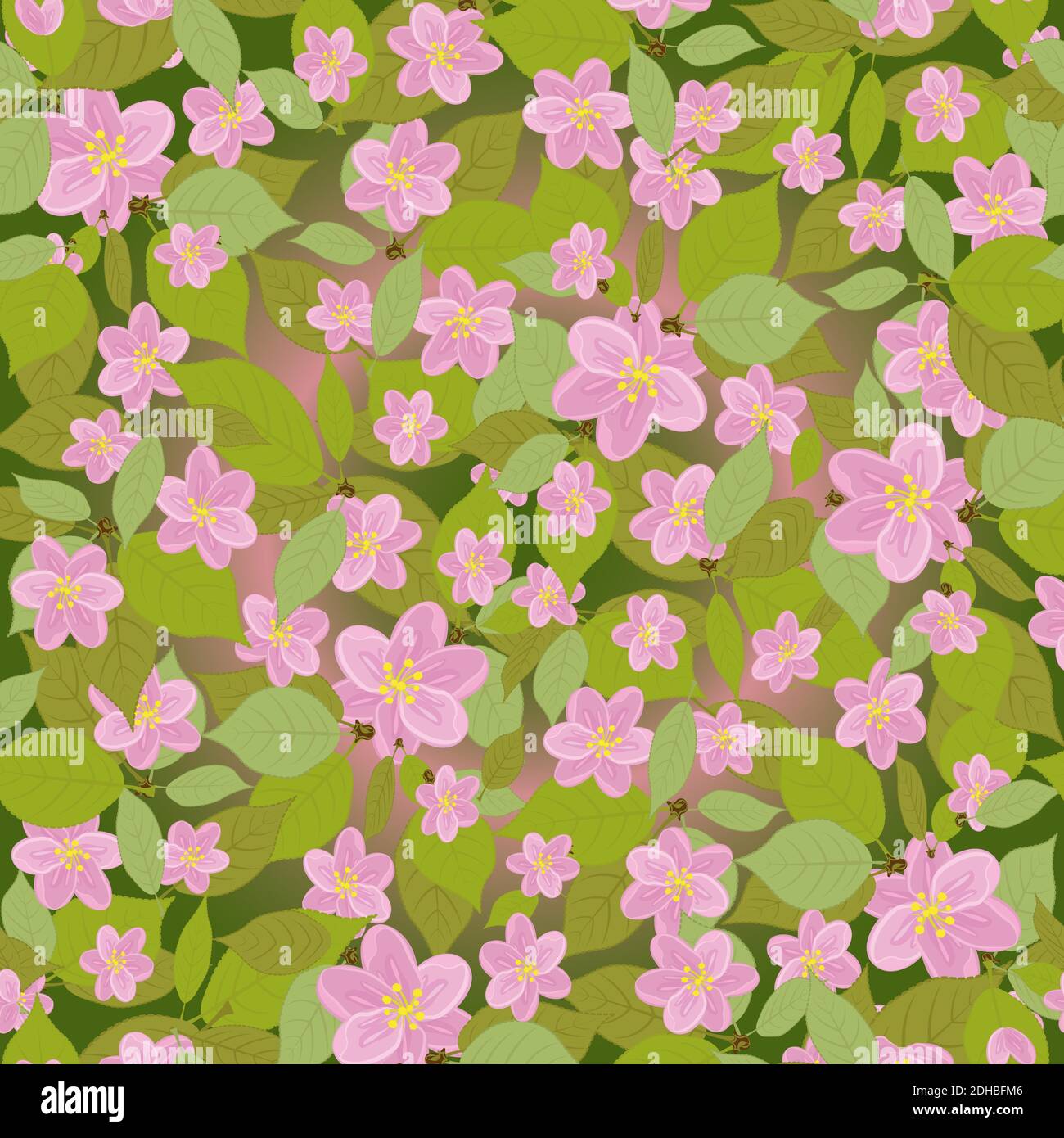 Ein florales Muster mit rosa Blüten und Blättern. Kirschblüten Stock Vektor
