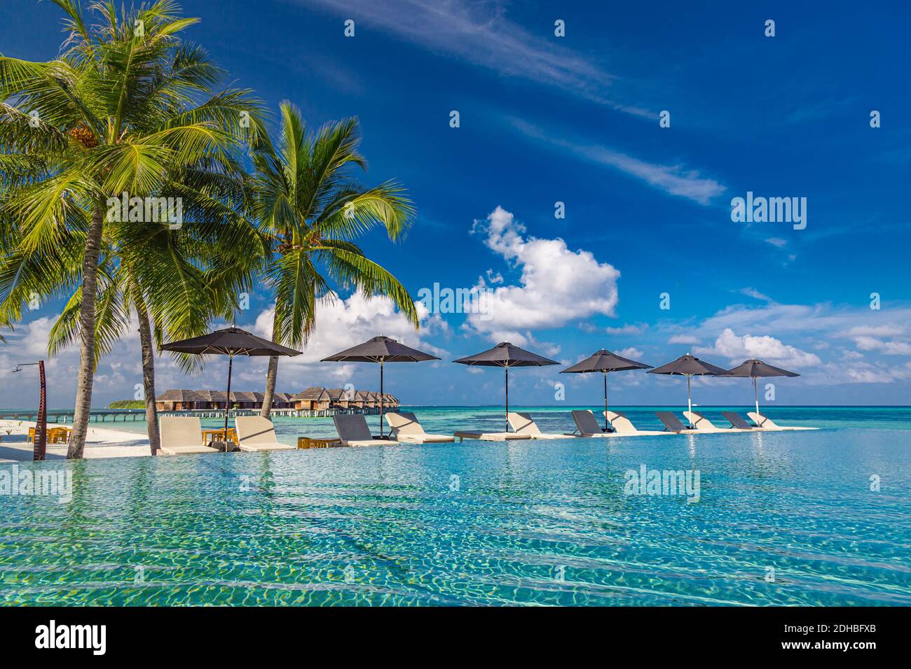 Sommer Luxus Tourismus Landschaft. Luxuriöses Strandresort Swimmingpool Reflexion und Strandliegen Liegen, Sonnenschirme Palmen blauen Himmel am Pool Stockfoto