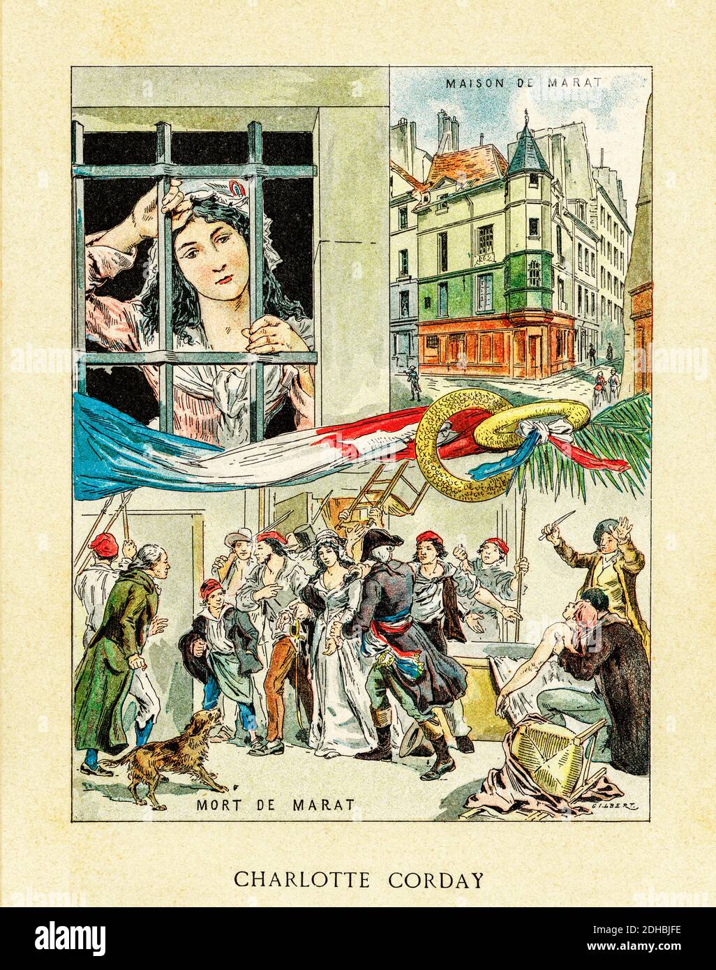 Altkolorit Lithographie Porträt von Charlotte Corday (Saint-Saturnin-des-Ligneries 1768 - Paris 1793) Marie Anne Charlotte de Corday d'Armont, am 17. Juli 1793 in Paris guillotiniert, ist eine Persönlichkeit der Französischen Revolution, berühmt dafür, Jean-Paul Marat am 13. Juli 1793 ermordet zu haben. Frankreich. Les Français Illustres von Gustave Demoulin 1897 Stockfoto