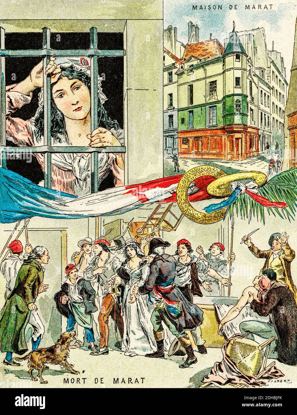 Altkolorit Lithographie Porträt von Charlotte Corday (Saint-Saturnin-des-Ligneries 1768 - Paris 1793) Marie Anne Charlotte de Corday d'Armont, am 17. Juli 1793 in Paris guillotiniert, ist eine Persönlichkeit der Französischen Revolution, berühmt dafür, Jean-Paul Marat am 13. Juli 1793 ermordet zu haben. Frankreich. Les Français Illustres von Gustave Demoulin 1897 Stockfoto