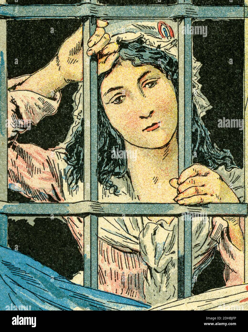 Altkolorit Lithographie Porträt von Charlotte Corday (Saint-Saturnin-des-Ligneries 1768 - Paris 1793) Marie Anne Charlotte de Corday d'Armont, am 17. Juli 1793 in Paris guillotiniert, ist eine Persönlichkeit der Französischen Revolution, berühmt dafür, Jean-Paul Marat am 13. Juli 1793 ermordet zu haben. Frankreich. Les Français Illustres von Gustave Demoulin 1897 Stockfoto