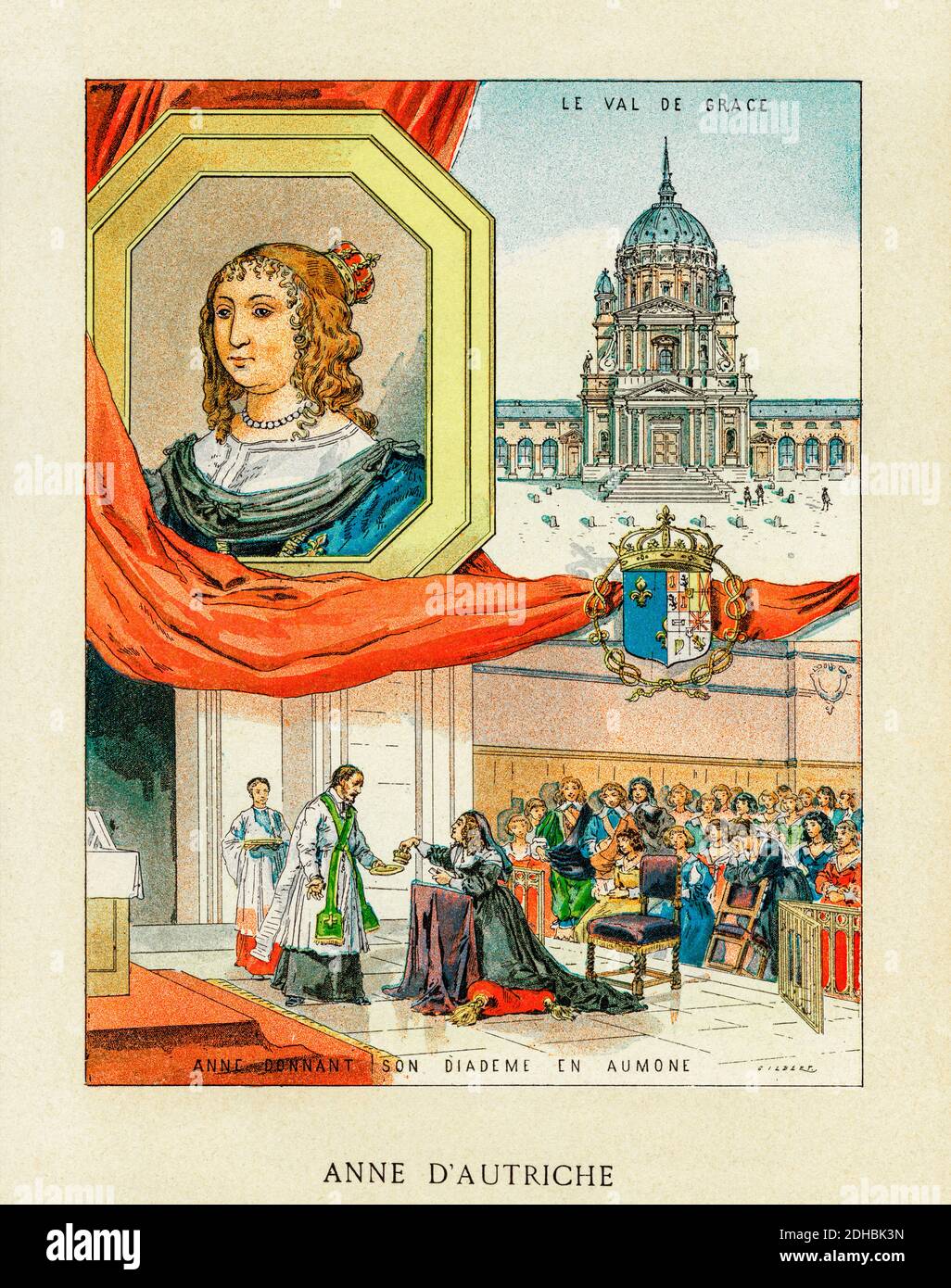 Altkolorit Lithographie Porträt von Anne von Österreich. Ana María Mauricia de Austria y Austria-Estiria (1601-1666) Infantin von Spanien, Infantin von Portugal, Erzherzogin von Österreich, Prinzessin von Burgund und Prinzessin von den Niederlanden. Königin von Frankreich und Navarra von 1615 bis 1643 als Ehefrau Ludwigs XIII. Tochter von König Philipp III. Von Spanien und Erzherzogin Margarete von Österreich-Steiermark. Mutter von Ludwig XIV., dem "Sonnenkönig", und von Philippe, Herzog von Orleans. Frankreich. Les Français Illustres von Gustave Demoulin 1897 Stockfoto