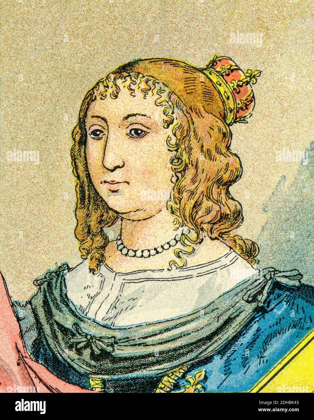 Altkolorit Lithographie Porträt von Anne von Österreich. Ana María Mauricia de Austria y Austria-Estiria (1601-1666) Infantin von Spanien, Infantin von Portugal, Erzherzogin von Österreich, Prinzessin von Burgund und Prinzessin von den Niederlanden. Königin von Frankreich und Navarra von 1615 bis 1643 als Ehefrau Ludwigs XIII. Tochter von König Philipp III. Von Spanien und Erzherzogin Margarete von Österreich-Steiermark. Mutter von Ludwig XIV., dem "Sonnenkönig", und von Philippe, Herzog von Orleans. Frankreich. Les Français Illustres von Gustave Demoulin 1897 Stockfoto