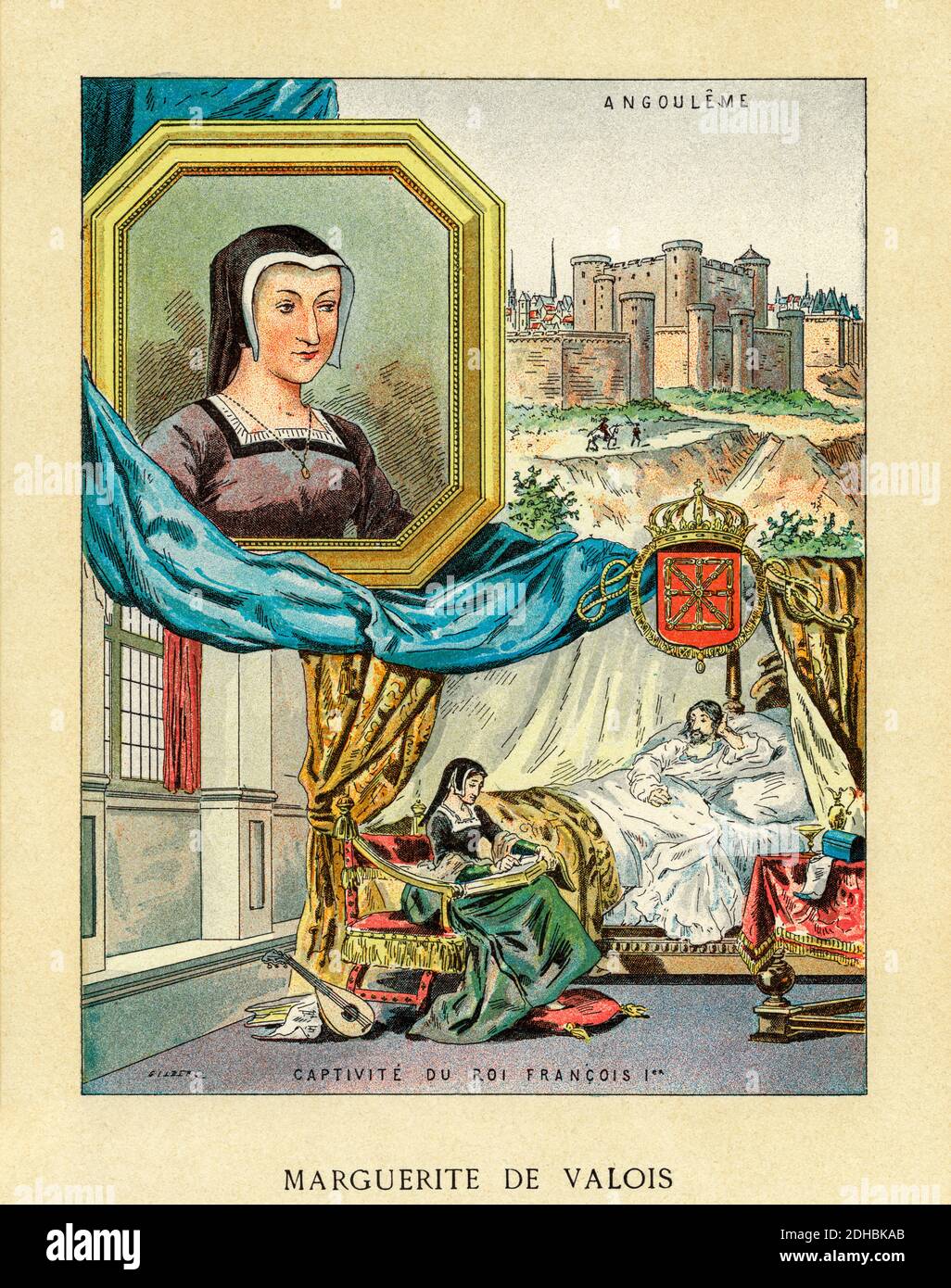Altkolorit Lithographie Porträt von Marguerite de Navarre. Marguerite d'Angoulême. Marguerite de Valois-Angoulême (1492-1549) Herzogin von Alençon, Herzogin von Berry, Königin Gemahlin von König Heinrich II. Von Navarra. Der Name ist der zehnte der Musen, L'Heptaméron Kurzgeschichtensammlung. Die Perle des Valois. Frankreich. Les Français Illustres von Gustave Demoulin 1897 Stockfoto