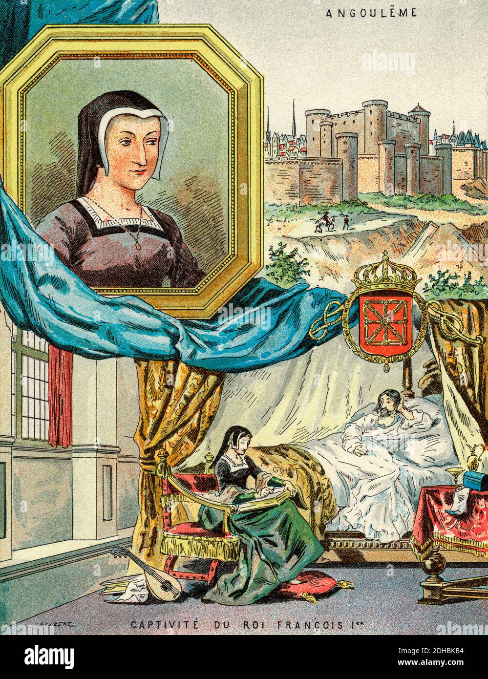 Altkolorit Lithographie Porträt von Marguerite de Navarre. Marguerite d'Angoulême. Marguerite de Valois-Angoulême (1492-1549) Herzogin von Alençon, Herzogin von Berry, Königin Gemahlin von König Heinrich II. Von Navarra. Der Name ist der zehnte der Musen, L'Heptaméron Kurzgeschichtensammlung. Die Perle des Valois. Frankreich. Les Français Illustres von Gustave Demoulin 1897 Stockfoto