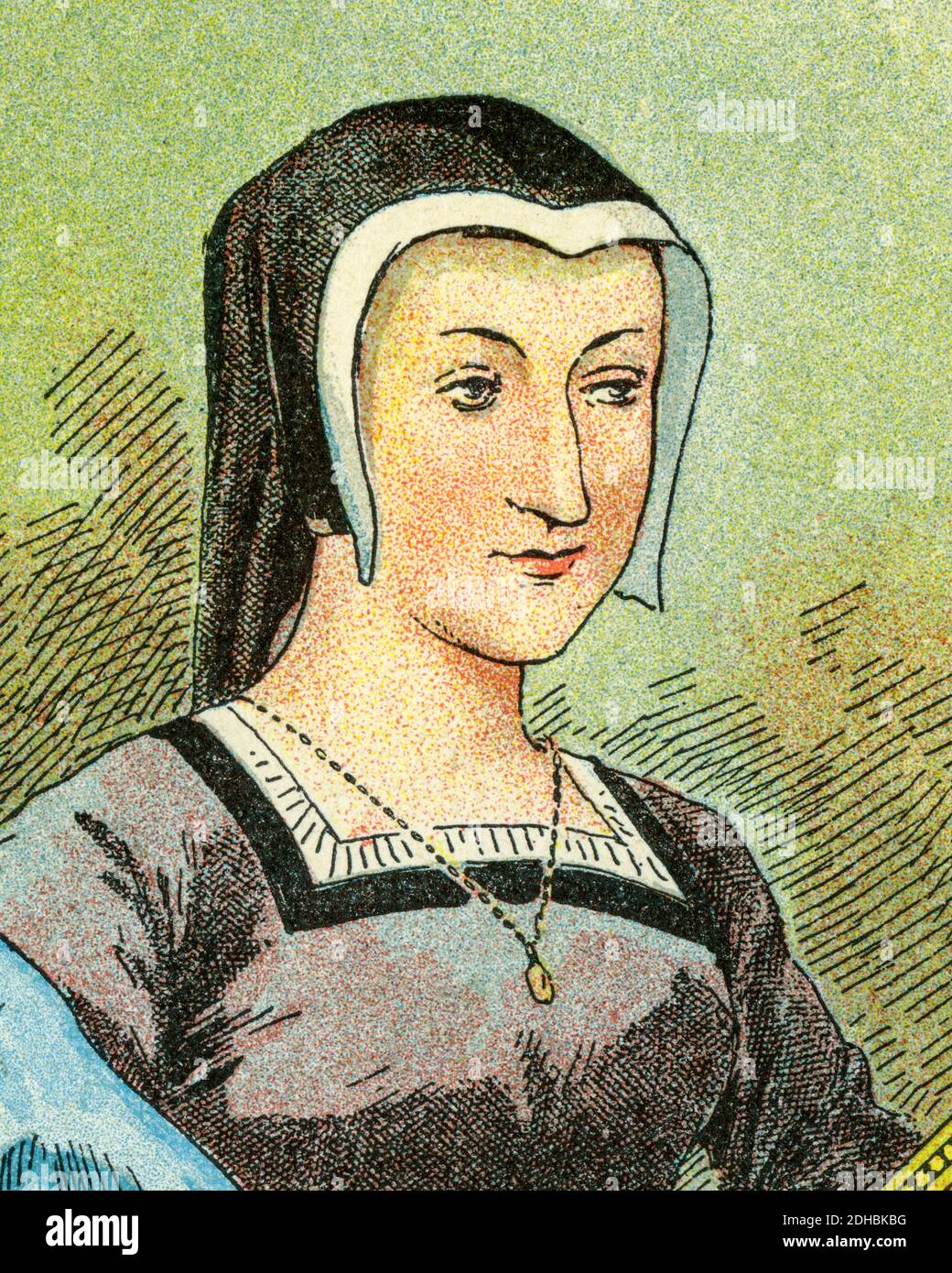 Altkolorit Lithographie Porträt von Marguerite de Navarre. Marguerite d'Angoulême. Marguerite de Valois-Angoulême (1492-1549) Herzogin von Alençon, Herzogin von Berry, Königin Gemahlin von König Heinrich II. Von Navarra. Der Name ist der zehnte der Musen, L'Heptaméron Kurzgeschichtensammlung. Die Perle des Valois. Frankreich. Les Français Illustres von Gustave Demoulin 1897 Stockfoto