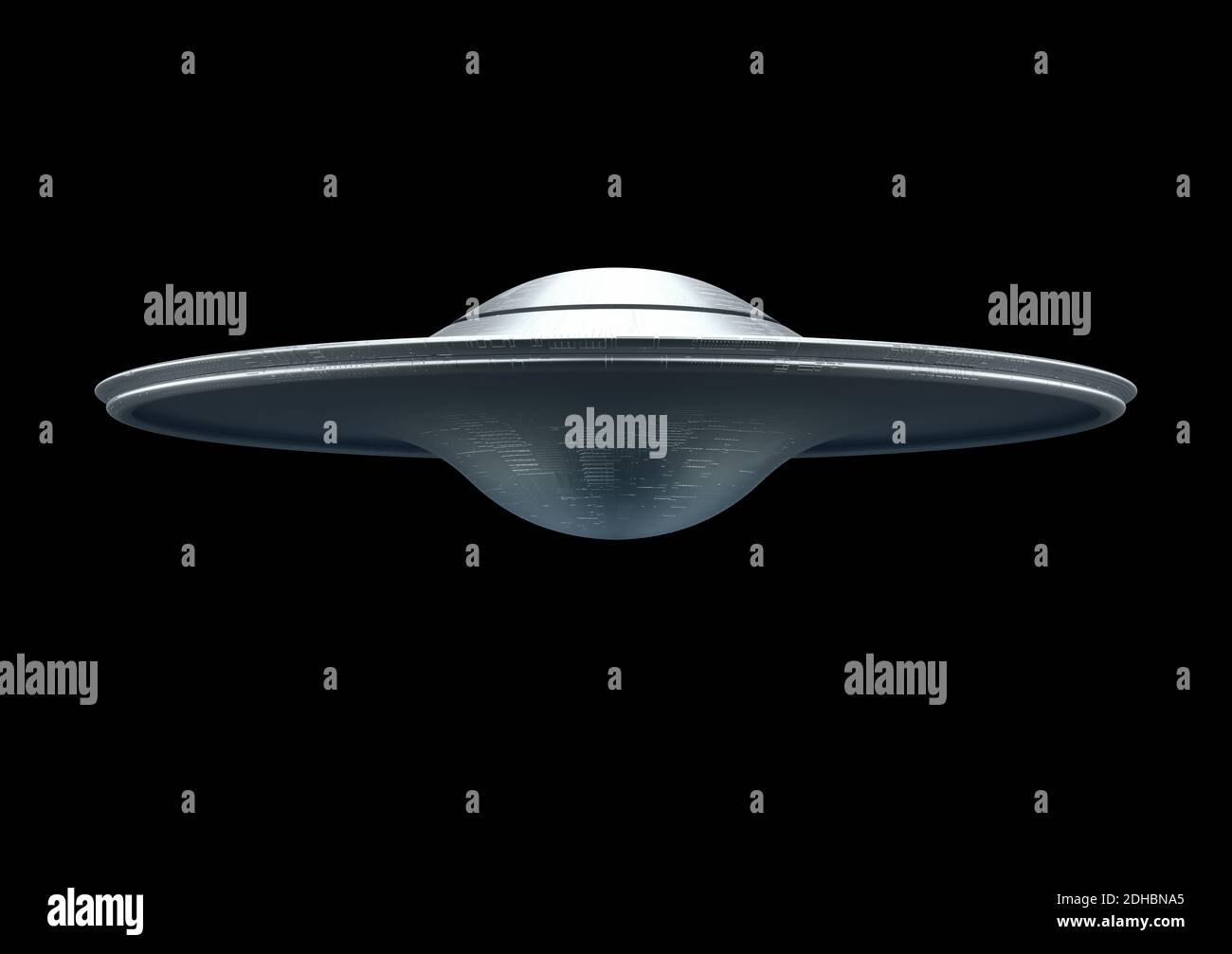 Nicht identifiziertes fliegendes Objekt UFO (über schwarz) mit Clipping-Pfad enthalten. 3D-Illustration. Stockfoto