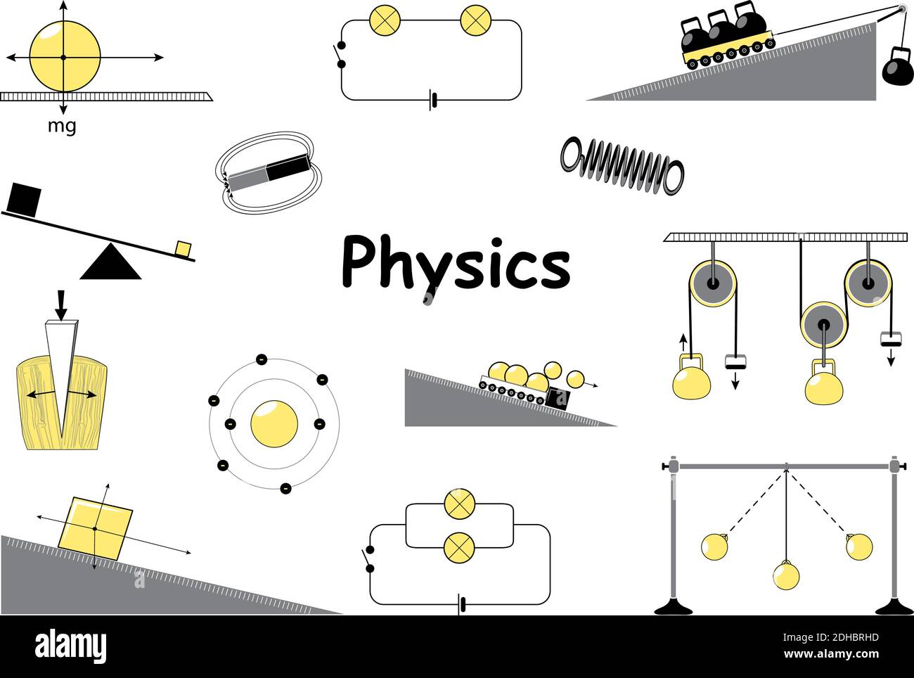 Symbole für Physik und Wissenschaft eingestellt. Klassische Mechanik.  Experimente Ausrüstung, Werkzeuge, Magnet, Atom, Pendel, Newtons Gesetze  und die einfachsten Mechanismen Stock-Vektorgrafik - Alamy