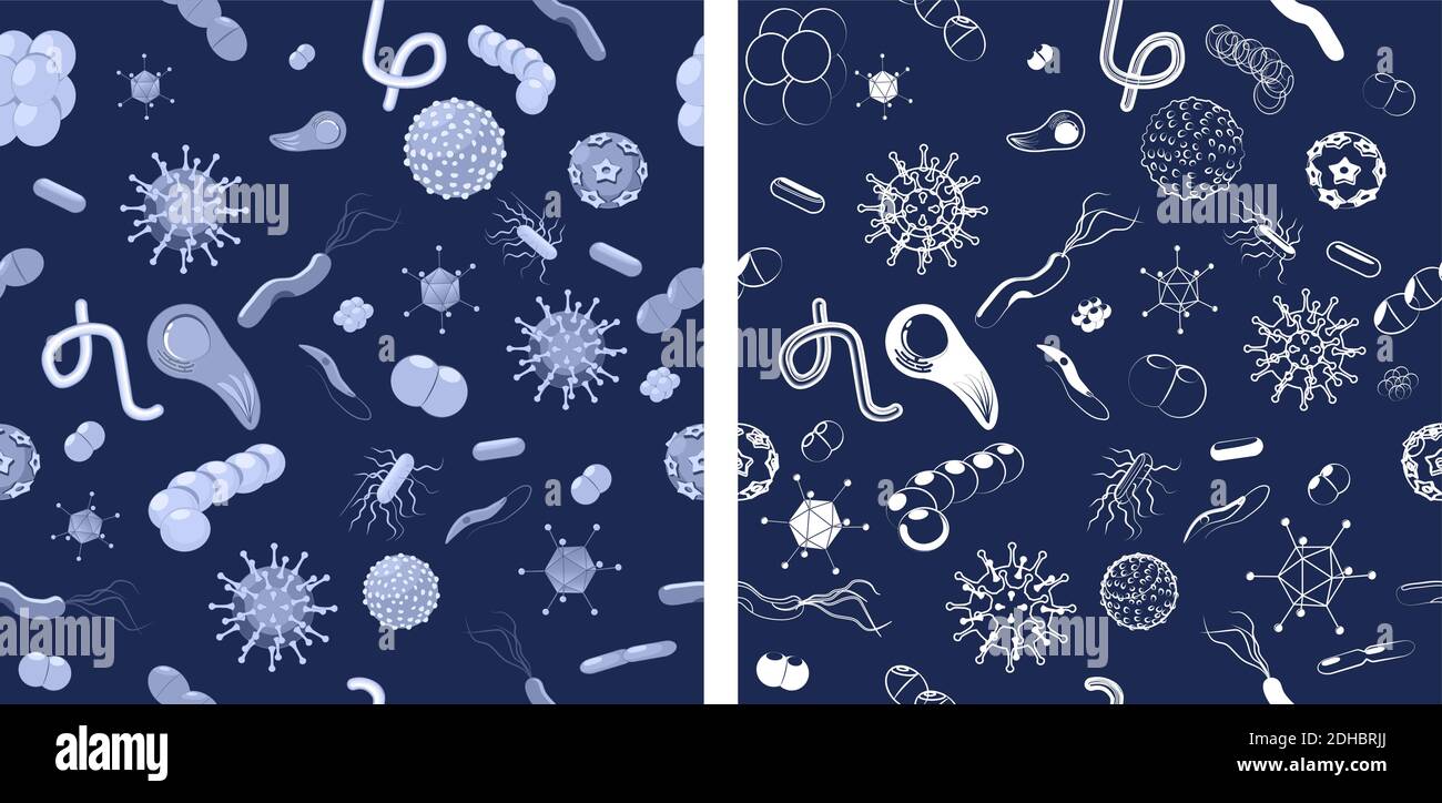 Zwei nahtlose Muster mit Bakterien und Viren. Vektor-Hintergrund für Ihr Design, biologische, Wissenschaft und pädagogische Verwendung Stock Vektor
