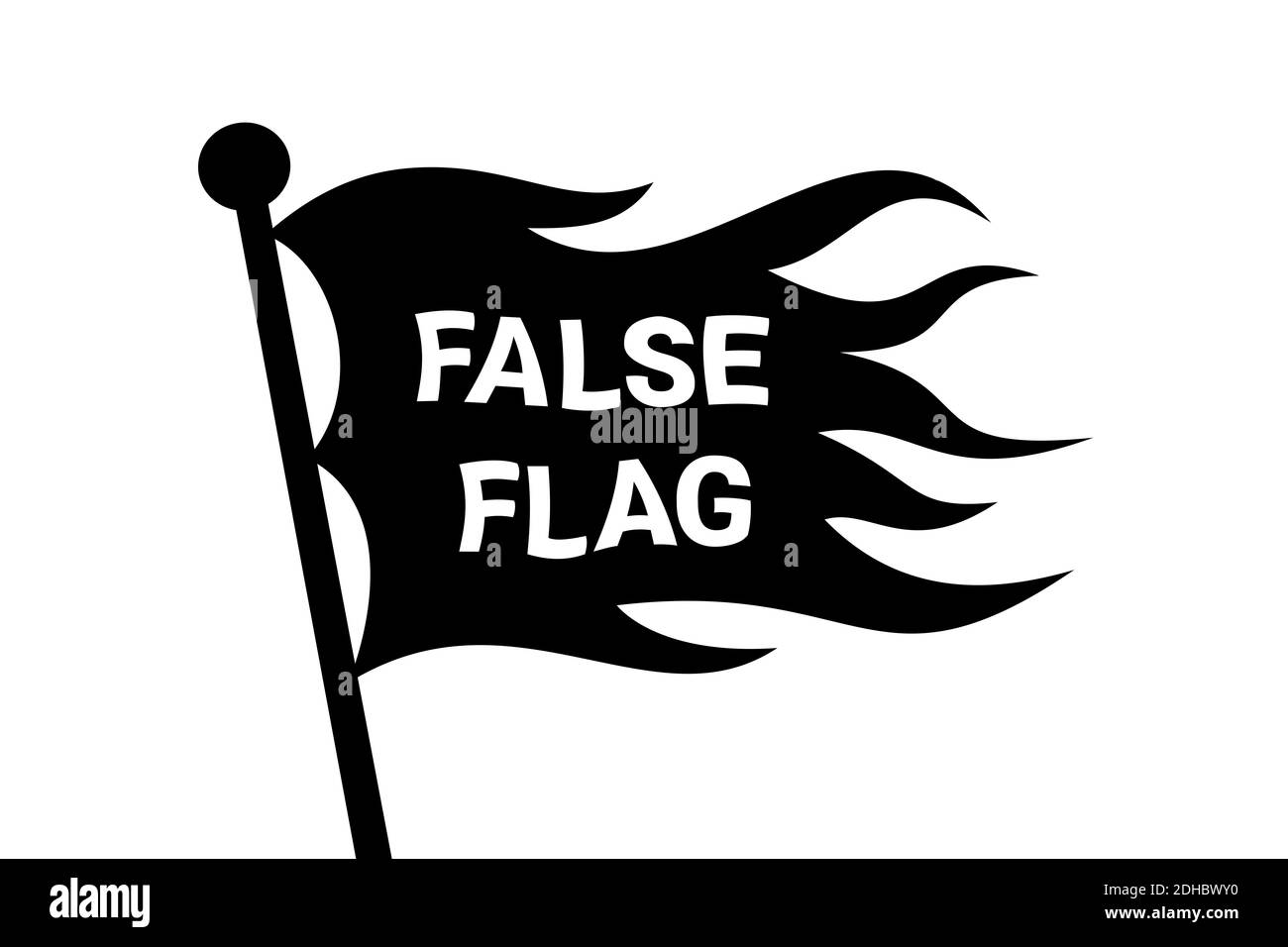 Gewellte Falsche Flagge auf der Stange - verdeckte Identität als Methode der Täuschung und des Betrugs. Manipulative Tarnung. Vektorgrafik Stockfoto