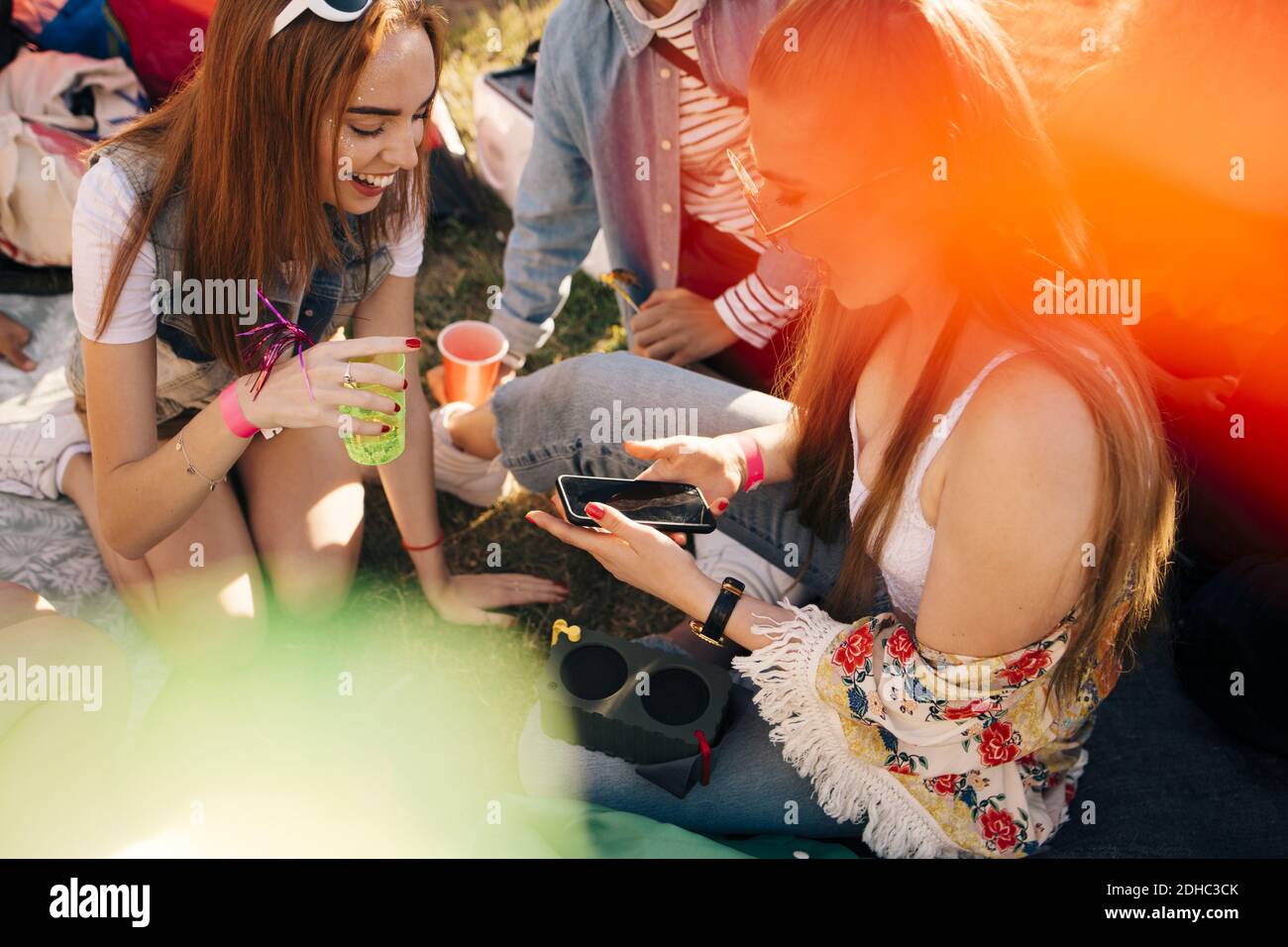 Aus dem hohen Winkel betrachten Sie Freunde, die während des Gesprächs über das Mobiltelefon sprechen Genießen auf Musikfestival Stockfoto