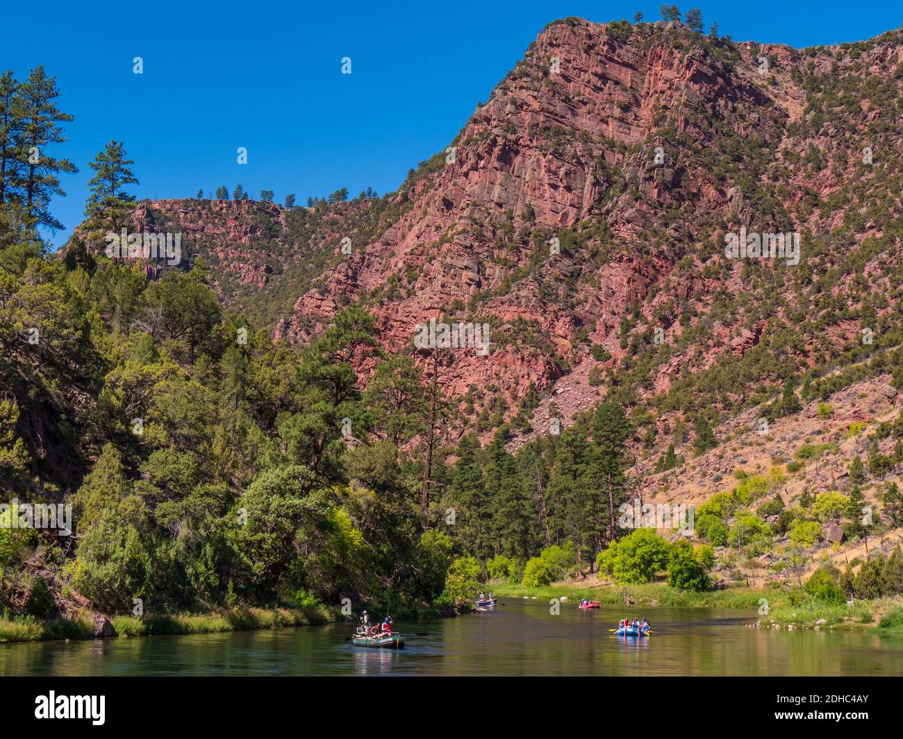 Felsen, Fluss und Flöße, Green River, kleines Loch Trail, National Forest, Flaming Gorge National Recreation Area in der Nähe von Dutch John, Utah. Stockfoto