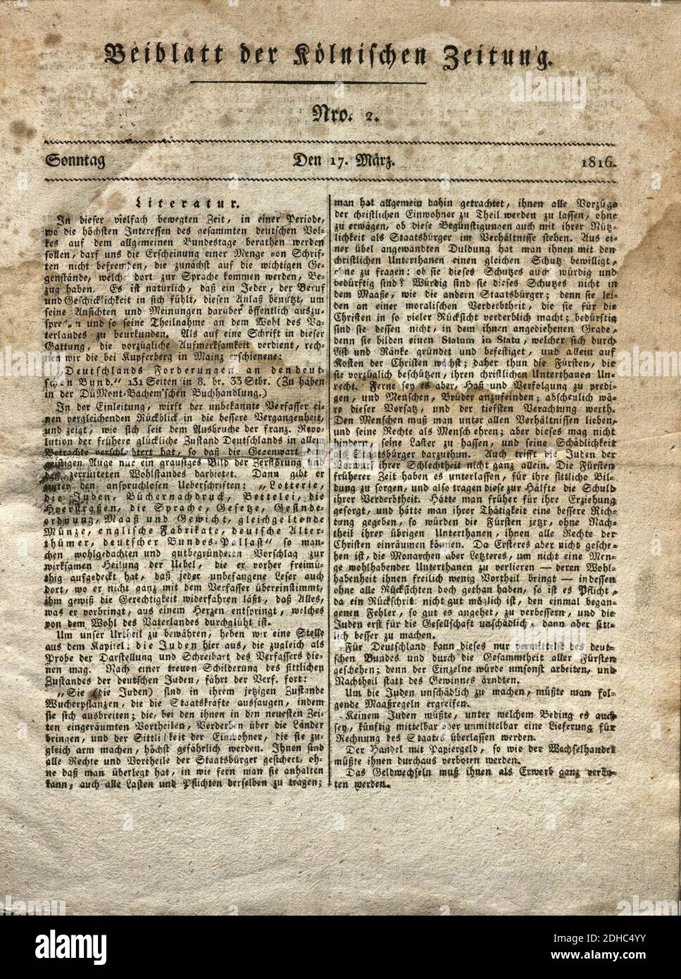 Kölnische Zeitung, Beiblatt, 17. März 1816. Stockfoto
