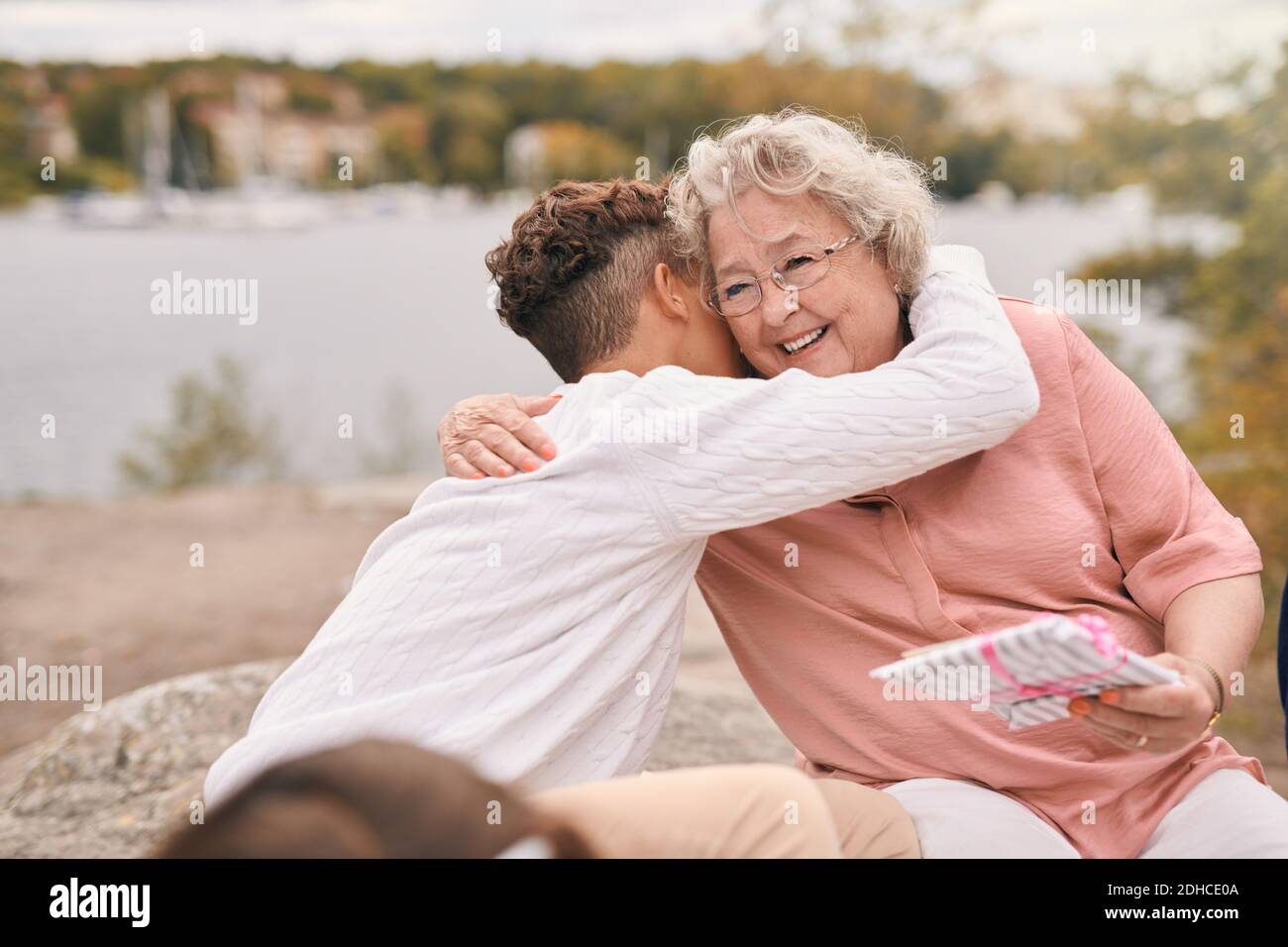 Enkel umarmt lächelnde Großmutter, während Geschenk auf Seeufer in parken Sie während des Picknicks Stockfoto