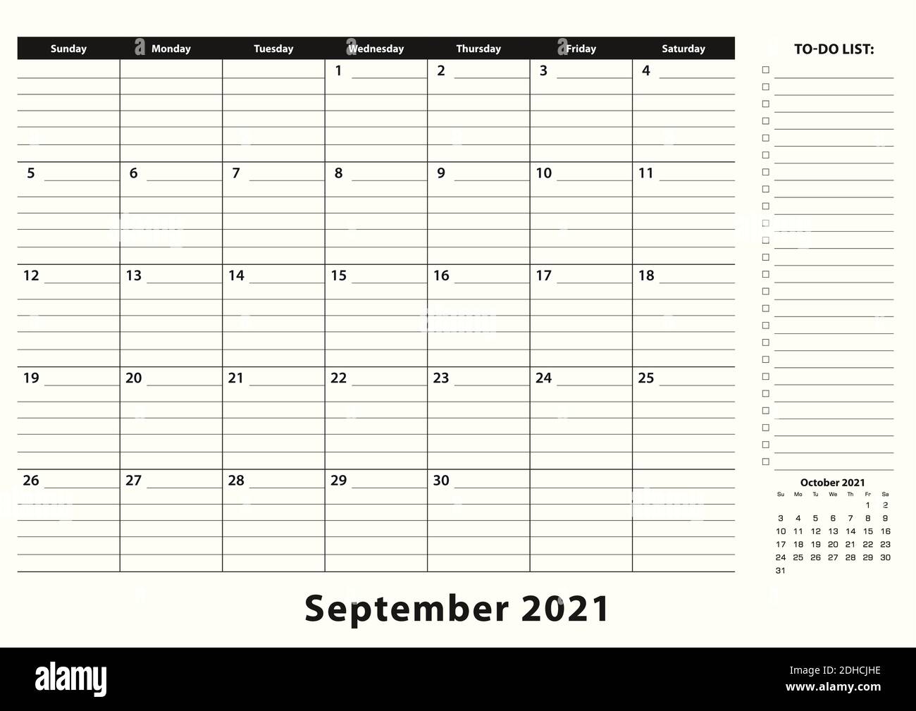 September 2021 Monatlicher Business Desk Pad Kalender. September 2021  Kalenderplaner mit To-Do-Liste und Platz für Notizen in schwarz-weiß-Design  Stock-Vektorgrafik - Alamy