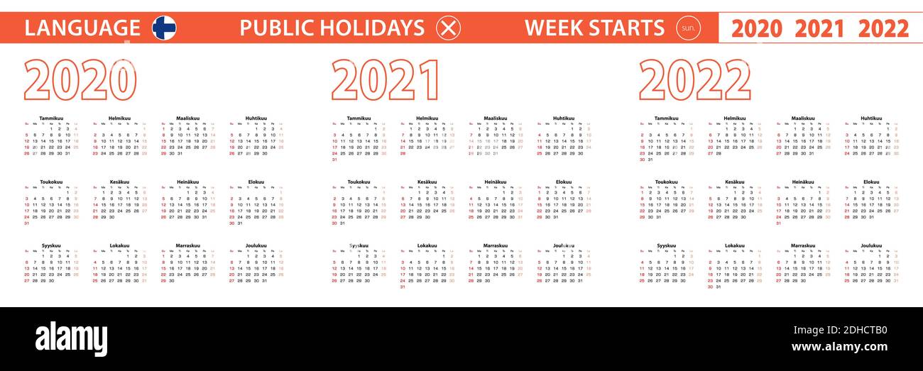 2020, 2021, 2022 Jahre Vektorkalender in finnischer Sprache, Woche beginnt am Sonntag. Vektorkalender. Stock Vektor