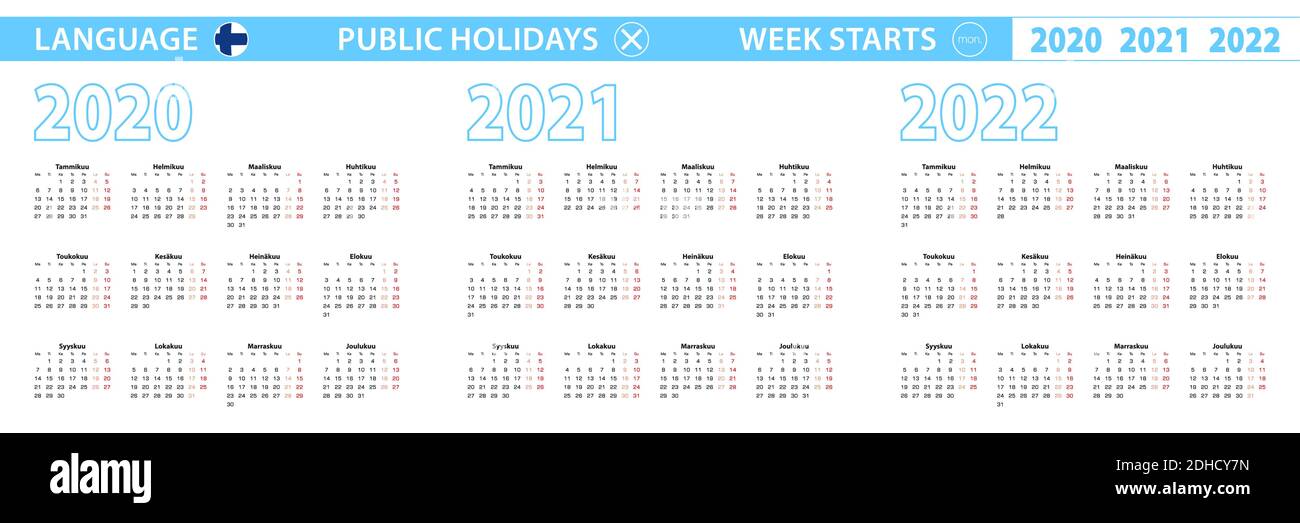 Einfache Kalendervorlage auf Finnisch für 2020, 2021, 2022 Jahre. Woche beginnt ab Montag. Vektorgrafik. Stock Vektor