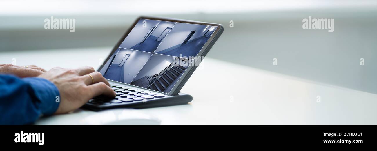 CCTV-Kamera-Sicherheitssystem-Aufnahmen auf Office Tablet Stockfoto