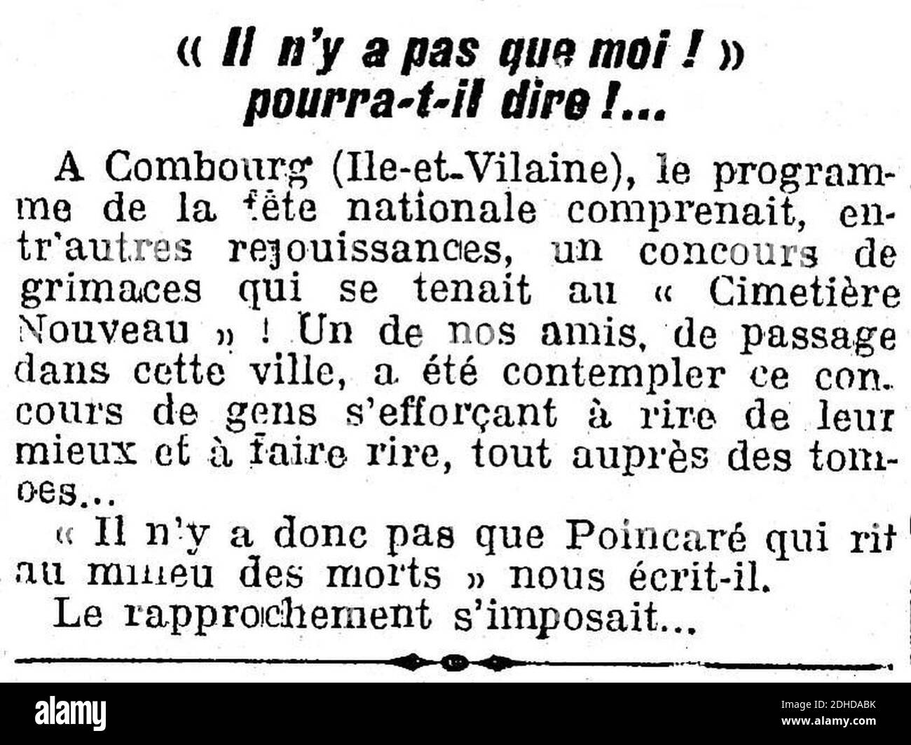 L'Humanité - 19 juillet 1922 - Seite 2 - 3ème colonne - Concours de grimaces à Combourg. Stockfoto