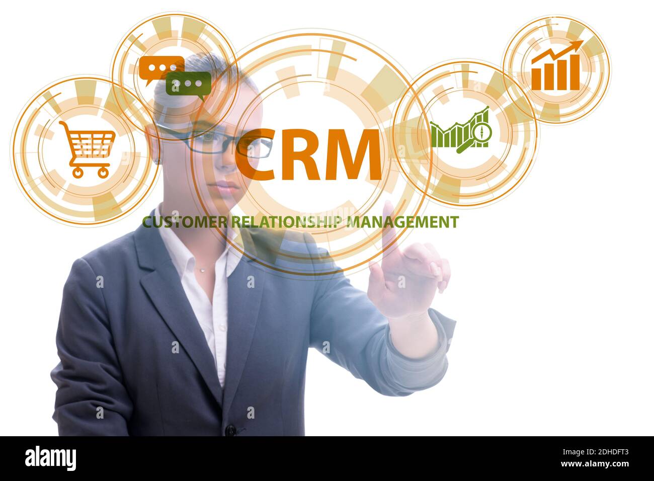 CRM-Kundenbeziehungsmanagement-Konzept mit Geschäftsfrau Stockfoto