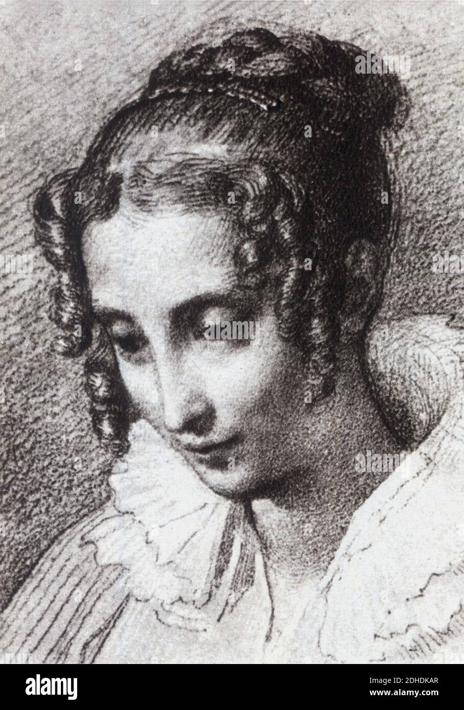 Die Gräfin TERESA BORRI STAMPA ( 1807 - 1861 ) , die 2. Frau ( 1837 ) der berühmtesten italienischen Schriftsteller ALESSANDRO MANZONI ( 1785 - 1873 ) , Autor des Buches " I Promessi Sposi " ( 1827 - 1842 ) - SCRITTORE - LETTERATO - LETTERATURA - LITERATUR - Portrait - ritratto - coletto - Kragen - boccoli - Locken ---- Archivio GBB Stockfoto