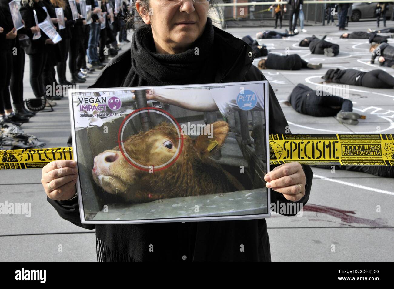 Am Igor Strawinsky Place, im Georges Pompidou Museum, wird ein Tierverbrecherort während einer Aktion PETA für den Weltvegantag am 1. November 2017 in Paris, Frankreich, dargestellt. Foto von Alain Apaydin/ABACAPRESS.COM Stockfoto