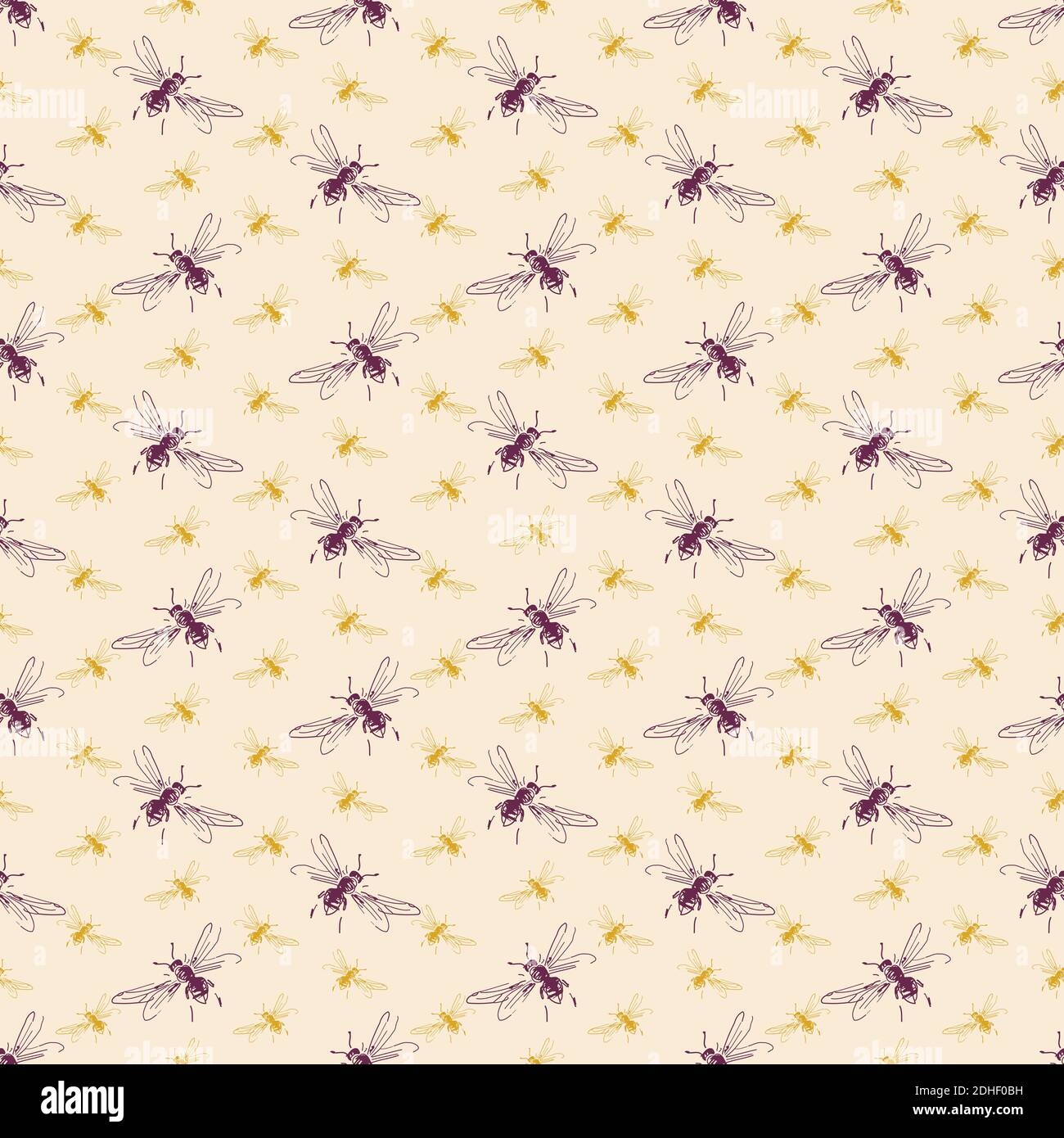 Nahtloses Muster von Freihand-Skizze von fliegenden Bienen, gezeichnet und digitalisiert, in drei Farben. Vektor-Illustration für Mode, Verpackungsdesign, Tapete, Textil, Stoff, Geschenkpapier. Stock Vektor