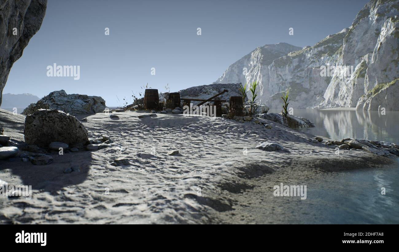 Holzfässer mit Meeresfischen am Sandstrand Stockfoto
