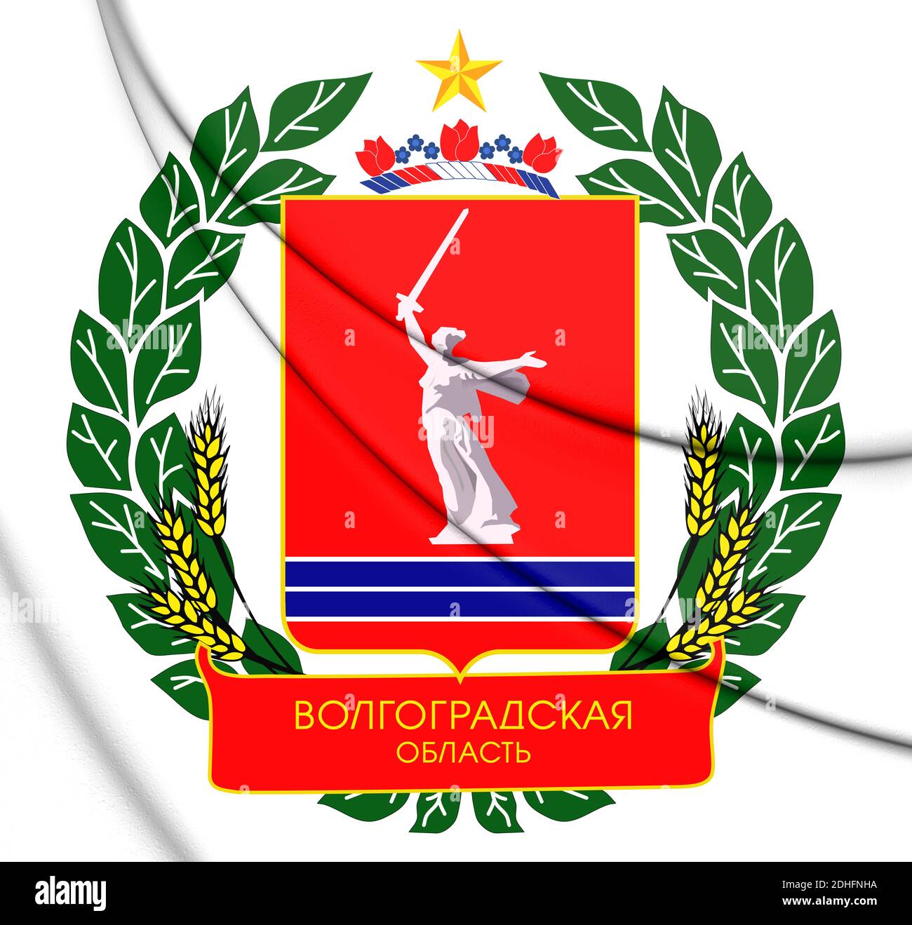 3D Wolgograd Oblast Wappen, Russland. 3D-Illustration. Stockfoto