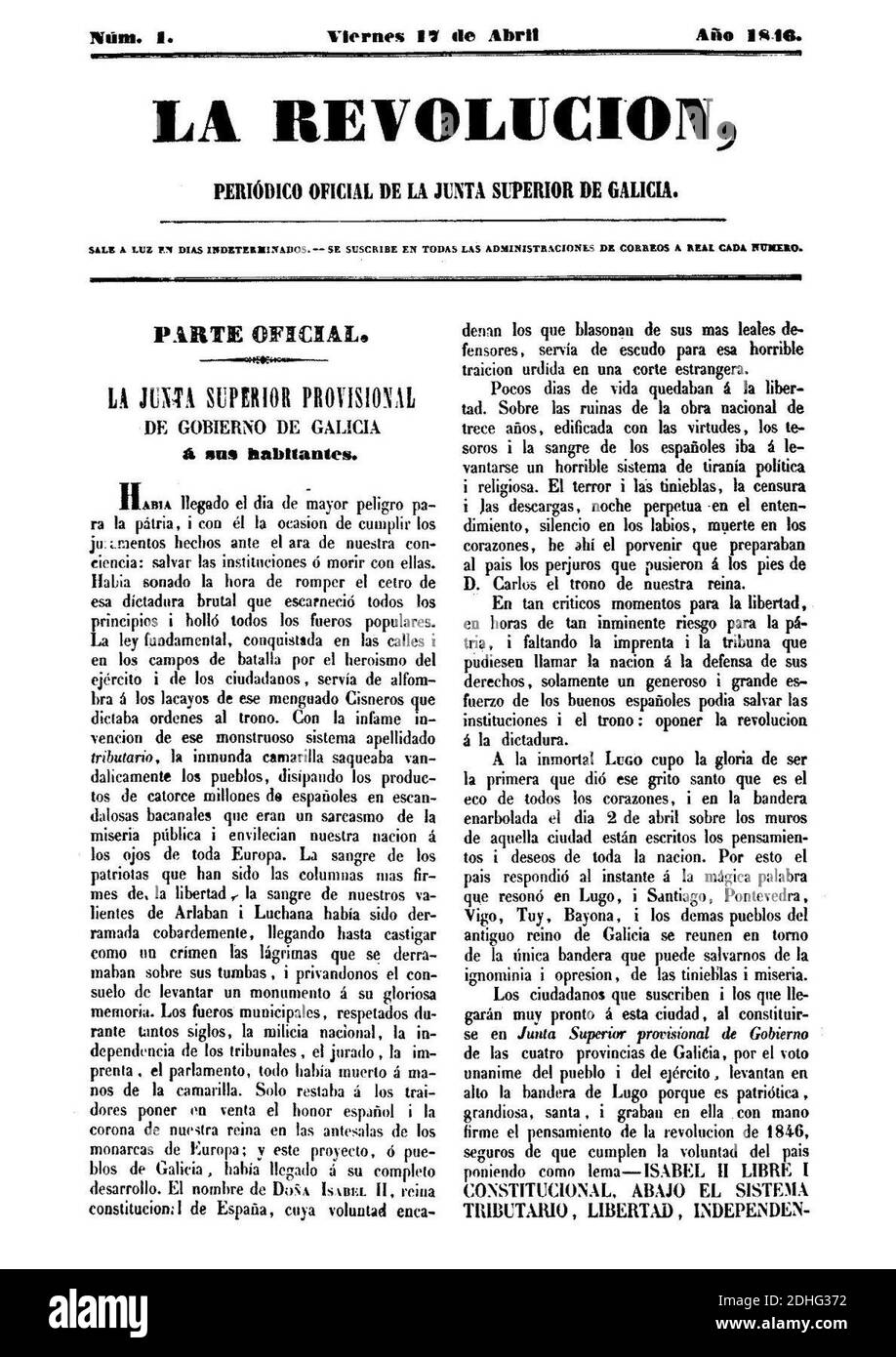 La Revolución. Periódico oficial de la Junta Superior de Galicia. Stockfoto