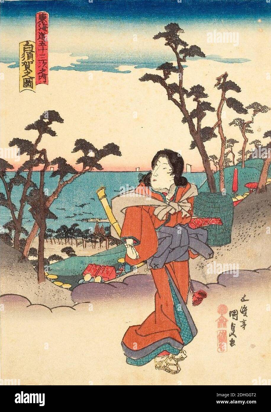 Kunisada, Shirasuka aus der Serie 53 Stationen des Tokaido mit Schönheiten, 1848. Stockfoto