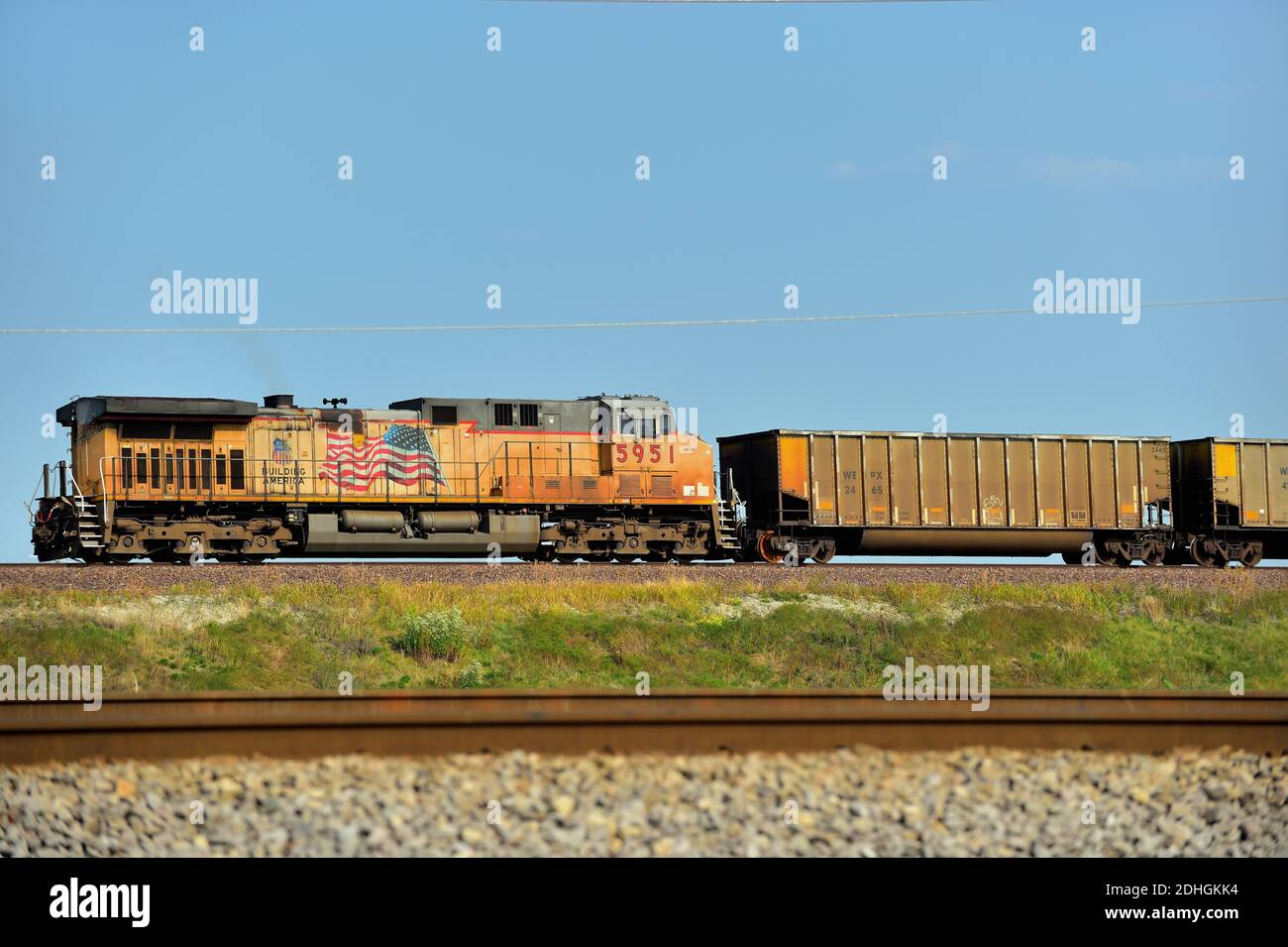 BENSENVILLE, Illinois, USA. Eine Union Pacific Distributed Power Unit (DPU) am Heck eines Güterzuges. Stockfoto