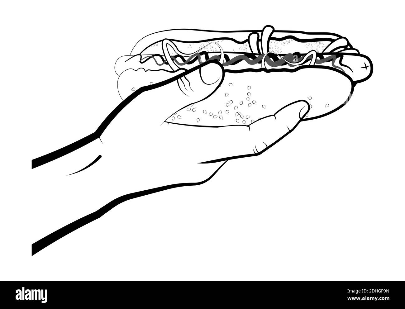 Amerikanischer Hot Dog mit Wurst, Senf und Ketchup in einer mans Hand. Fast Food. Isolierter Vektor auf weißem Hintergrund Stock Vektor