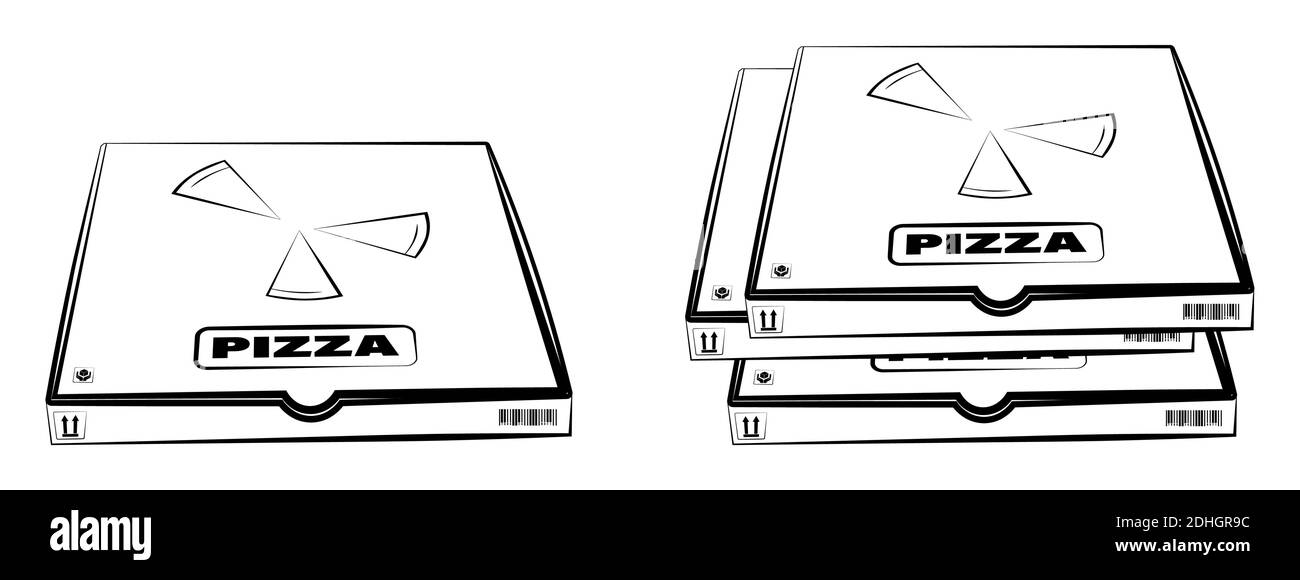 Geschlossene Pizzabox mit Barcode und Beschriftung. Essen nach Hause liefern. Isolierter Vektor auf weißem Hintergrund Stock Vektor