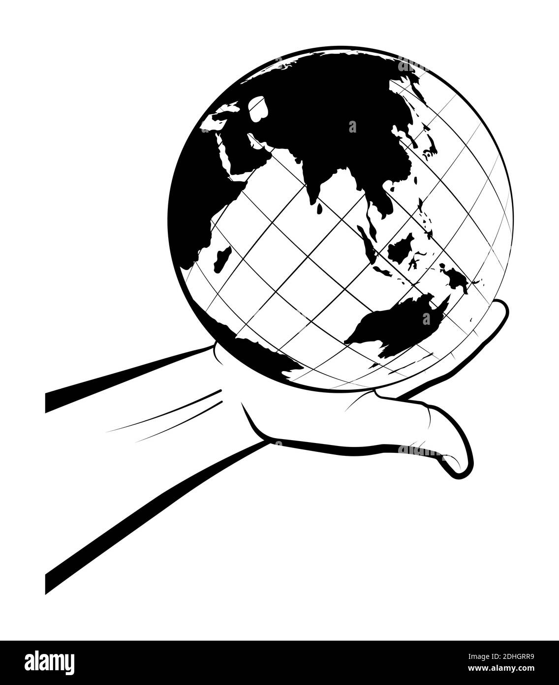 Der Mensch hält den Globus in seiner Hand. Auswahl eines Reiseziels. Globale Sicht der Welt. Isolierter Vektor auf weißem Hintergrund Stock Vektor