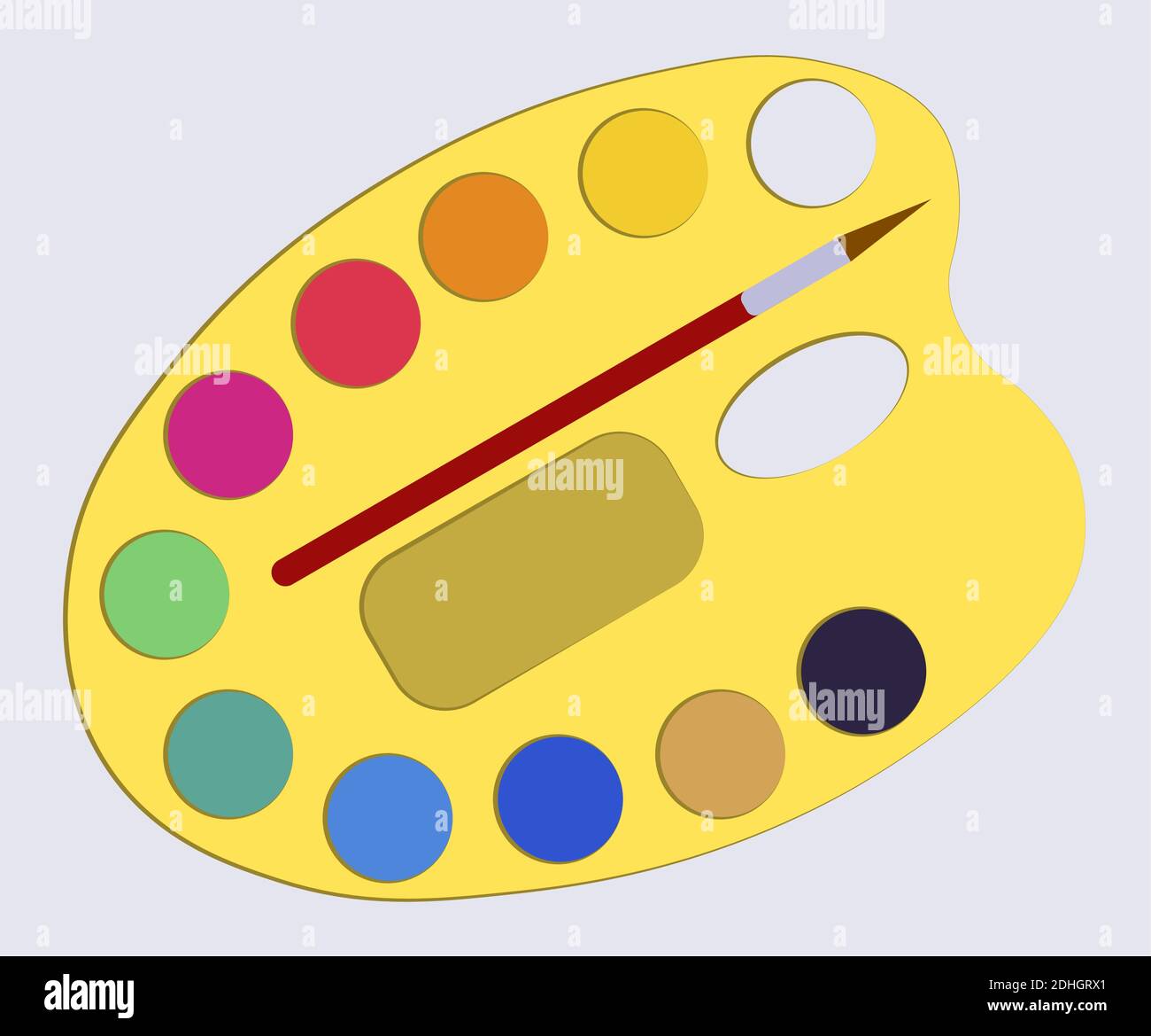 Farbpalette mit bunten Aquarellen in flacher Schreibwaren für die Schule Stock Vektor