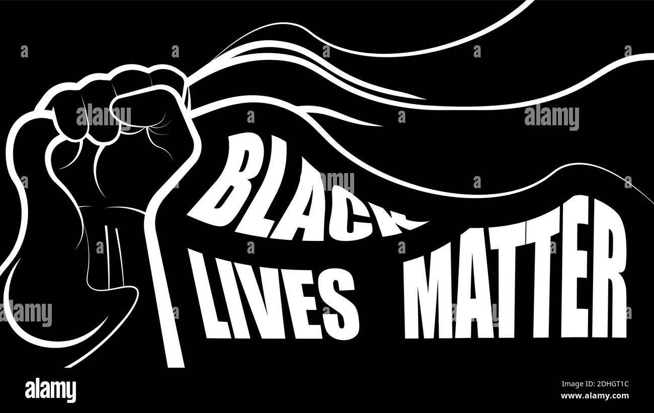 Protestposter mit Text Black Lives Matter. Die Hand hält ein Banner in der Faust fest, Symbol der Stärke, des Kampfes um die Freiheit. Vektor auf einem schwarzen Hintergrund Stock Vektor