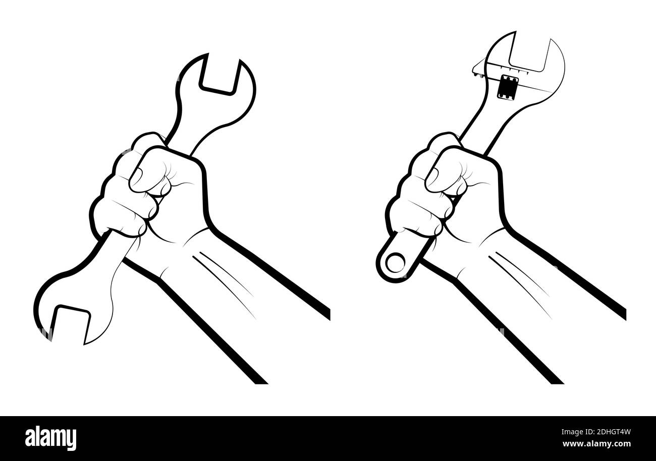 Mans Hand klingt einen riesigen Schraubenschlüssel in einer Faust. Harte Arbeit, Arbeitsberufe. Tag Der Arbeit. Isolierter Vektor auf weißem Hintergrund Stock Vektor