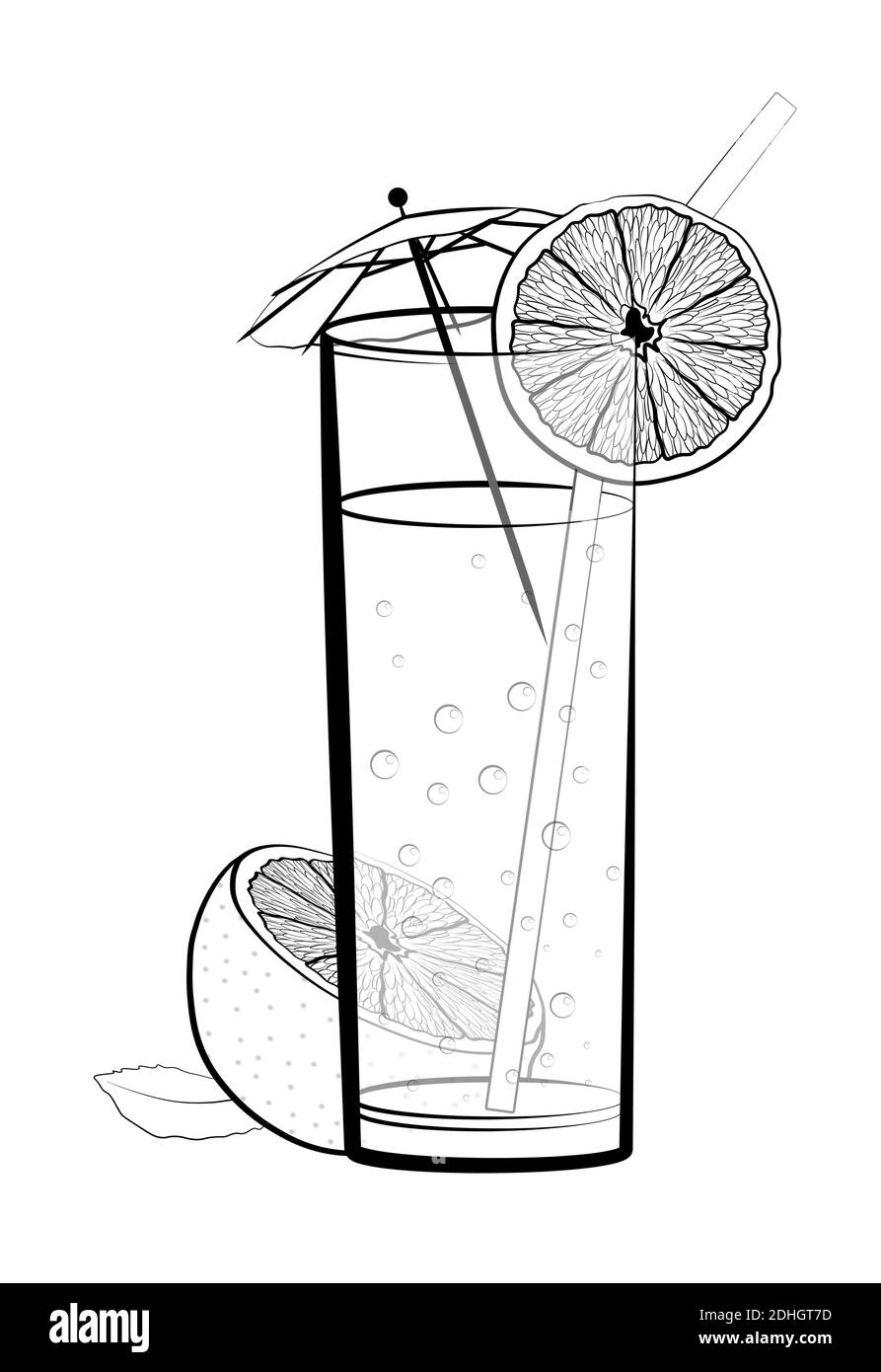 Hohes Glas mit funkelnder oranger Limonade und dekorativem Regenschirm. Cocktails, alkoholische Getränke, Illustrationen für das Café, Restaurant-Menü. Isolieren Stock Vektor