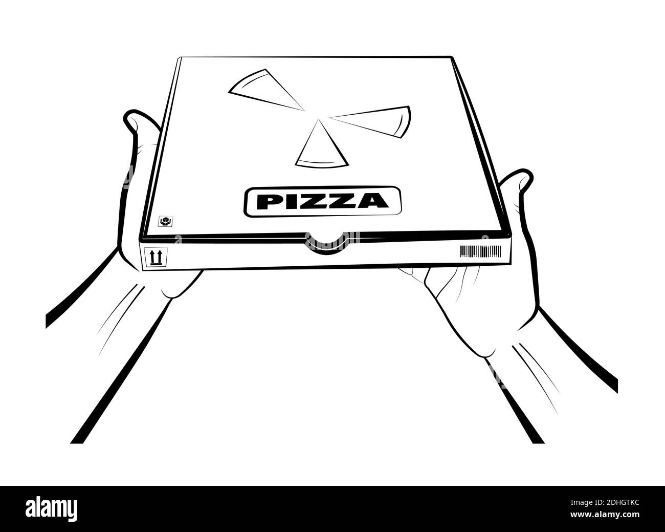 mans Hände halten eine geschlossene Box mit Pizza. Italienische Küche. Essen nach Hause liefern. Isolierter Vektor auf weißem Hintergrund Stock Vektor