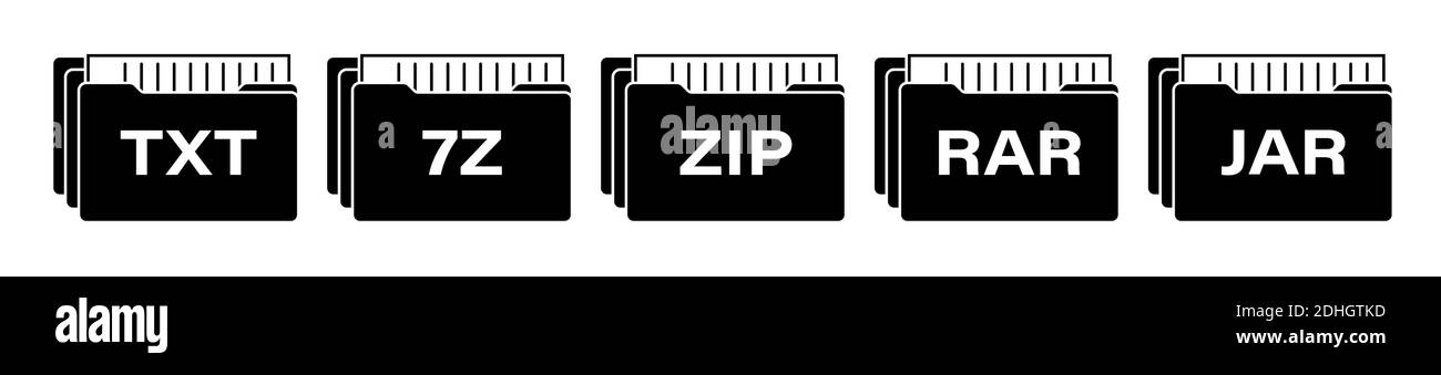 Satz von schwarzen Symbolen von Computerdatenarchiven mit verschiedenen Erweiterungen. Speicherung und Versand großer Datenmengen im Internet. Isolierter Vektor ein Stock Vektor