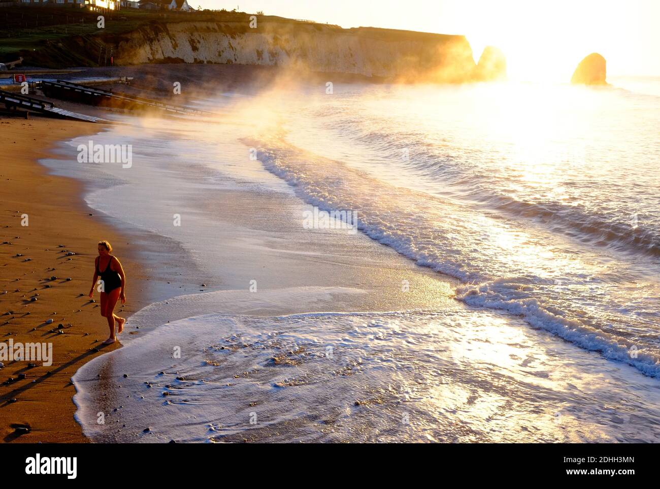 Wildes Schwimmen bei Tagesanbruch Sonnenaufgang Morgendämmerung Freshwater Bay Isle of Wight Stockfoto